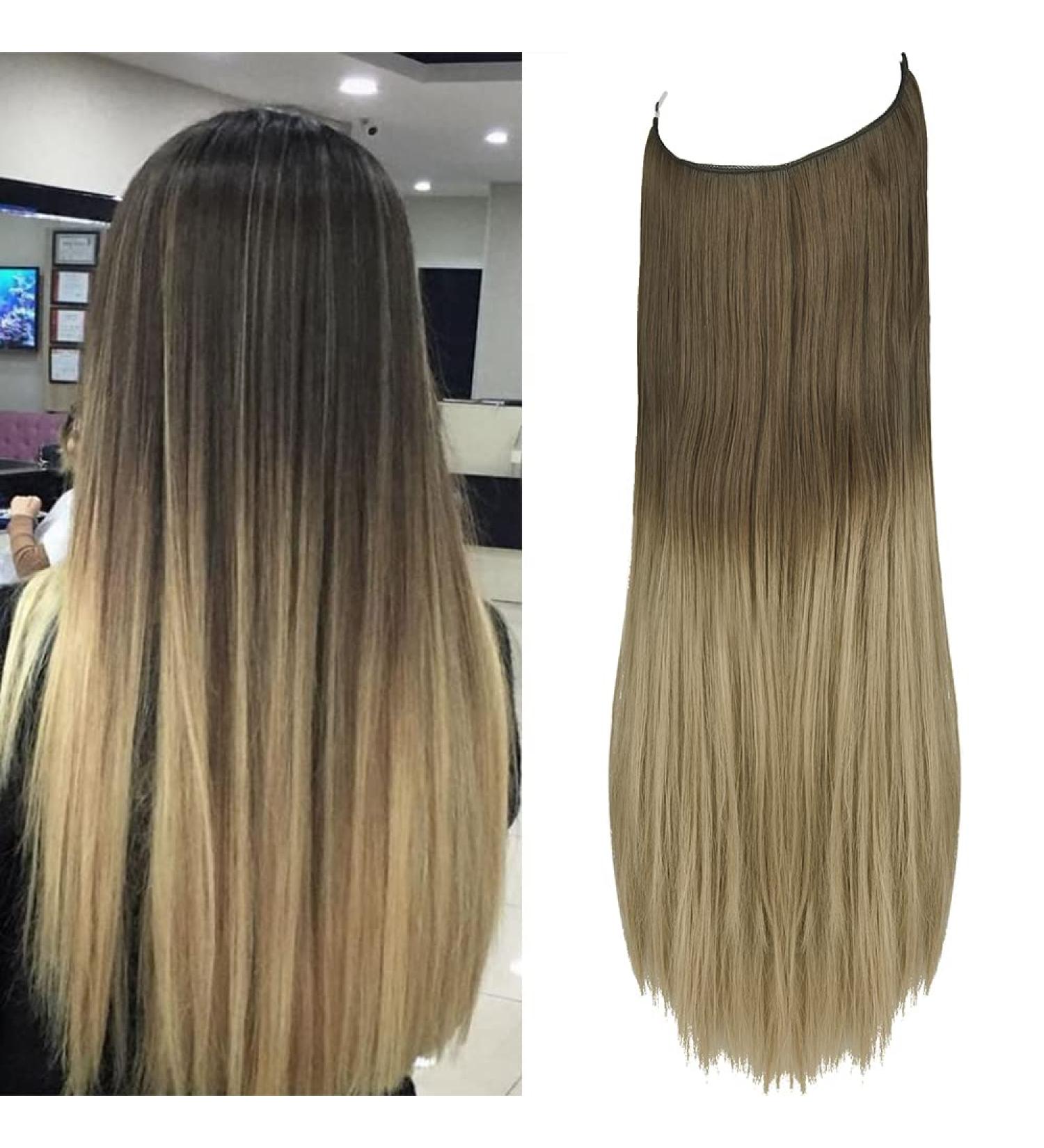 22 Straight Light Brown to Light Blonde Halo Hair Extensions - Heat Friendly Synthetic Hairpieces for Women - No Clip Secret Wire Headband - OMGREAT - Buy Online on GoSupps.com