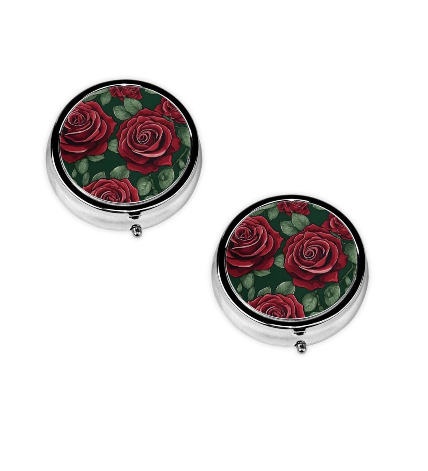 Red Rose Printed Mini Round Pill Box | 3 Compartment Travel Pill Organizer | Portable Medicine Case for Home & Office - Buy Online on GoSupps.com