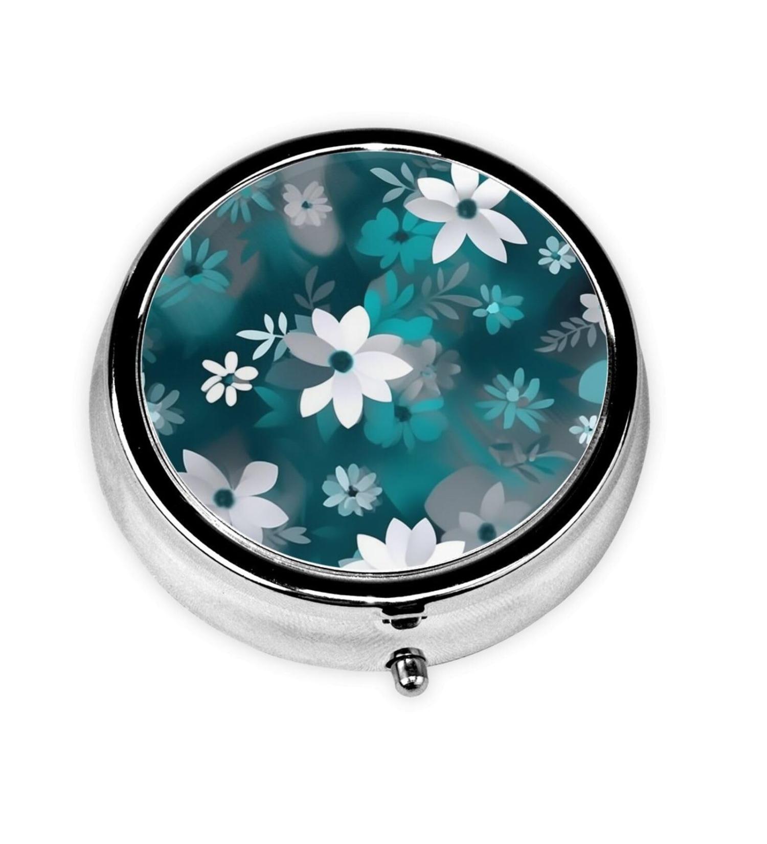 Teal Grey & White Floral Portable Metal Pill Box | Round Mini 3-Compartment | Perfect for Travel | Fastening Design | Small Pills Organizer - Buy Online on GoSupps.com