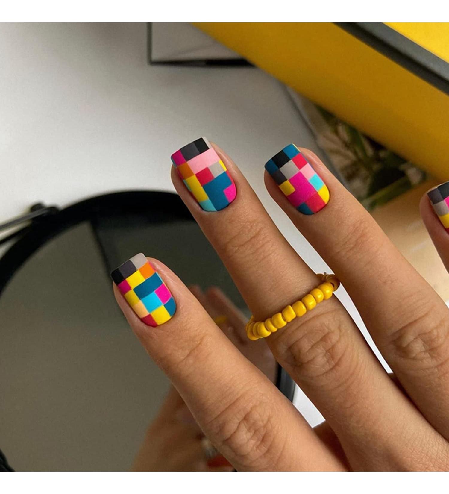 Colorful Short Square Mosaic Press-on Nails | Reusable Acrylic Matte False Nails - Buy Online on GoSupps.com