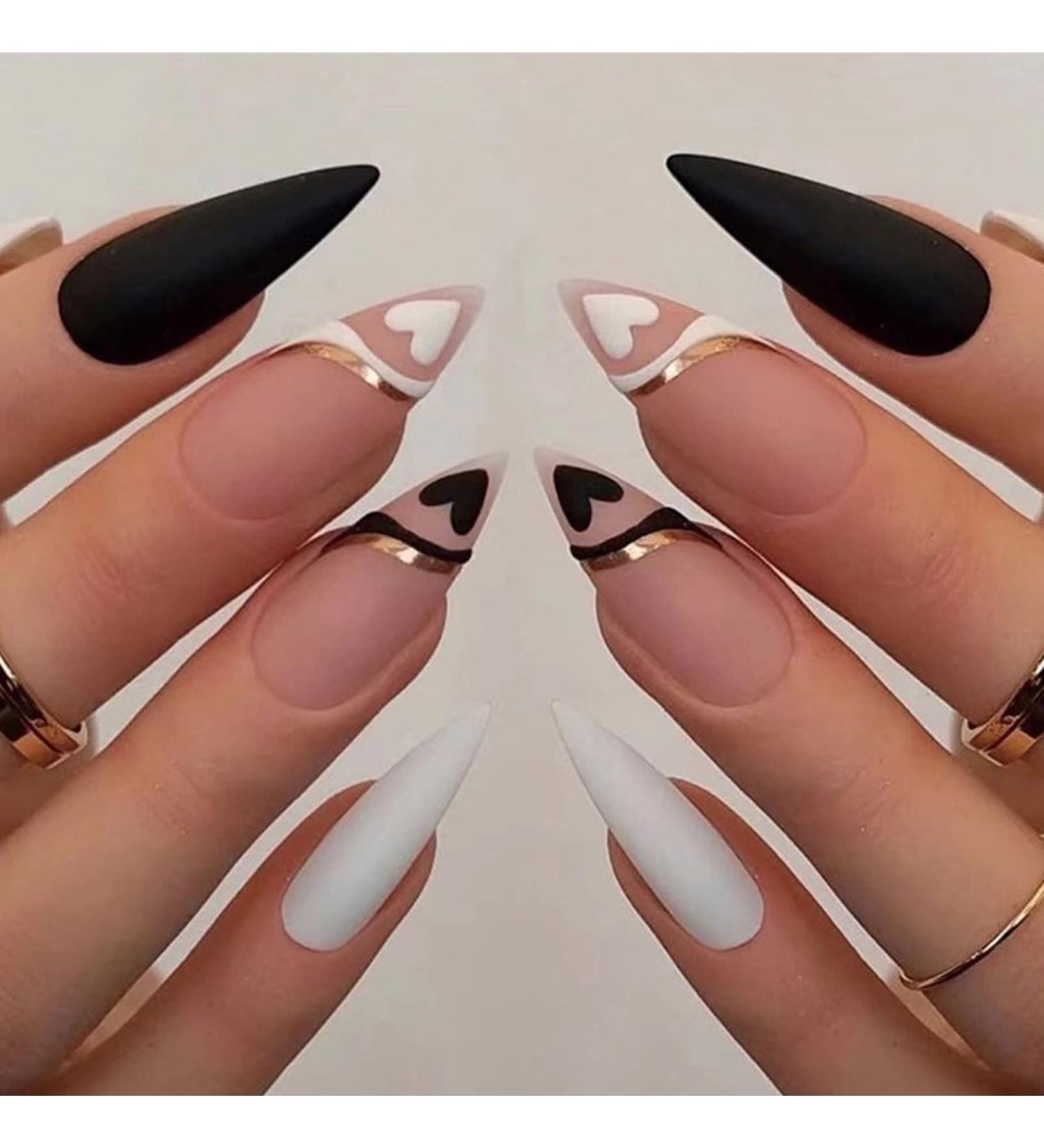 Pink French Stiletto Fake Nails - 24Pcs Swirl & Heart Pattern False Nails with Nail Glue - Almond Black White Tips for Women & Girls Nails Art - Buy Online on GoSupps.com