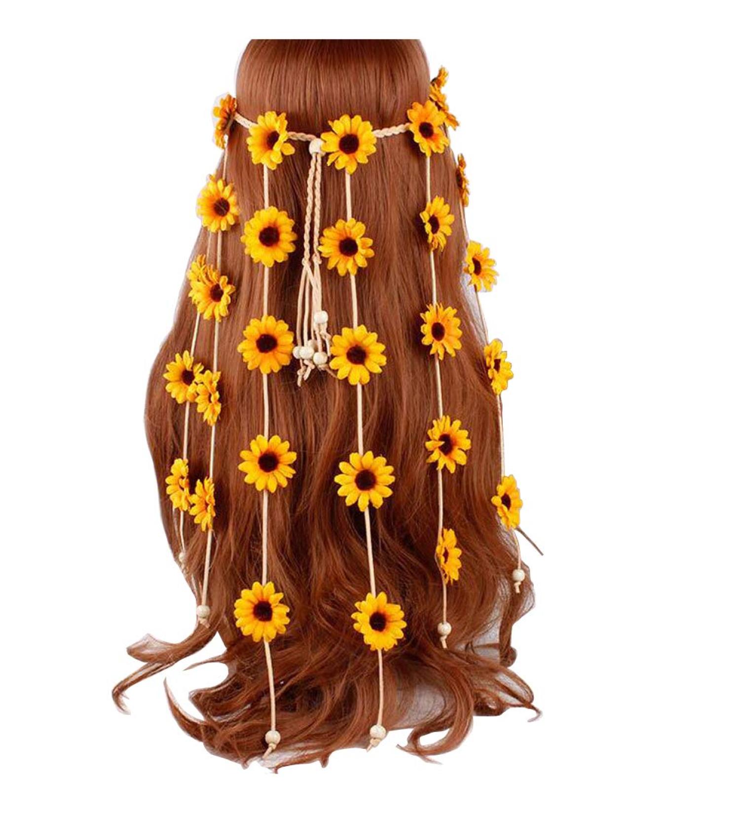 SYBL Flower Headband Sunflower Headdress Adjustable Hippie Hairband Bohemia Floral Crown Headwear Headpiece for Women Lady Girls(Yellow)