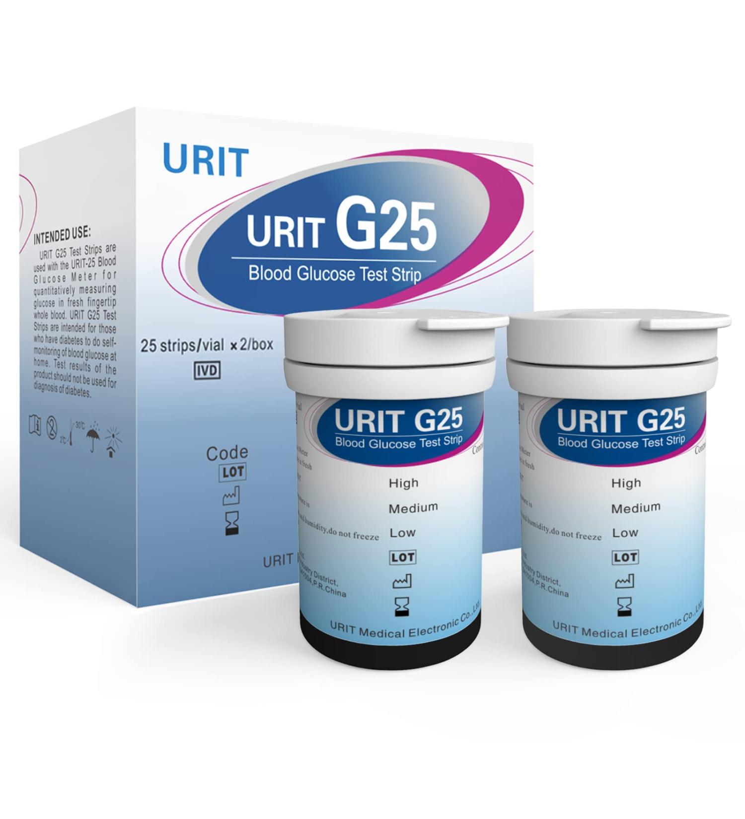 URIT 50 Pack Blood Glucose Test Strips for URIT U-10. 2 Boxes Total 25 Test Strips Per Box. (Includes 50 Test Strips and 50 lancets.)