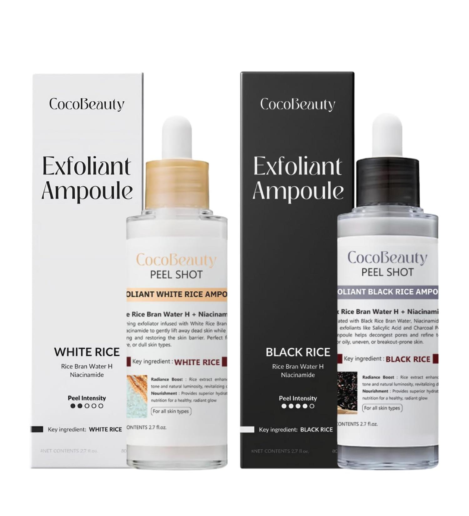 COCOBEAUTY Peel Shot Glow Rice Ampoule Duo Daily White Rice Ampoule + Weekly Black Rice + Activated Charcoal Vegan Cruelty-Free Skin Treatment 2x80ml - Buy Online on GoSupps.com