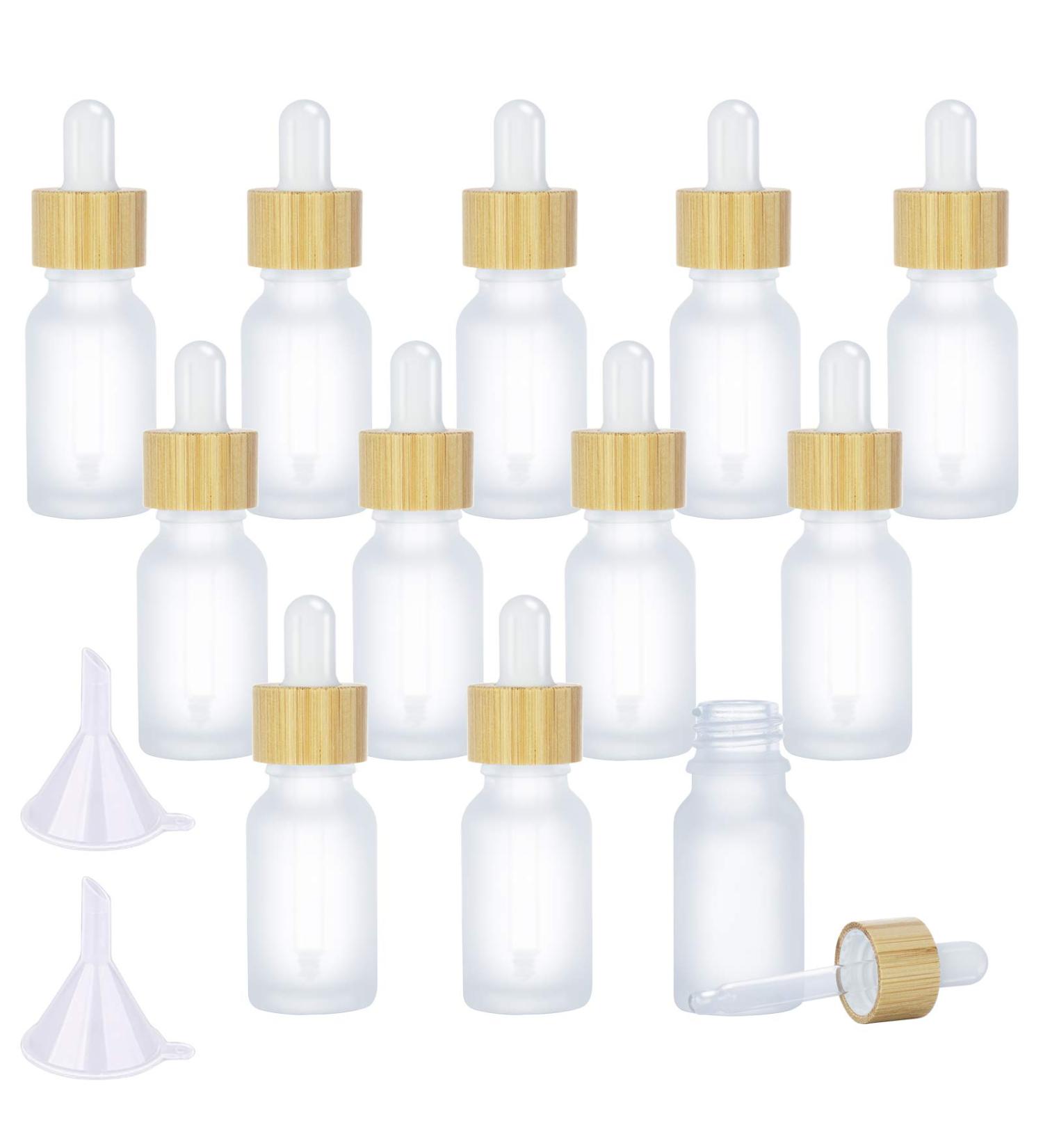 MODOWEY 12Pcs 15ml Eco-Friendly Frosted Glass Dropper Bottles with Bamboo Lids - Refillable Cosmetic Containers for Essential Oils, Essences, and Liquids + 2 Funnel - Buy Online on GoSupps.com