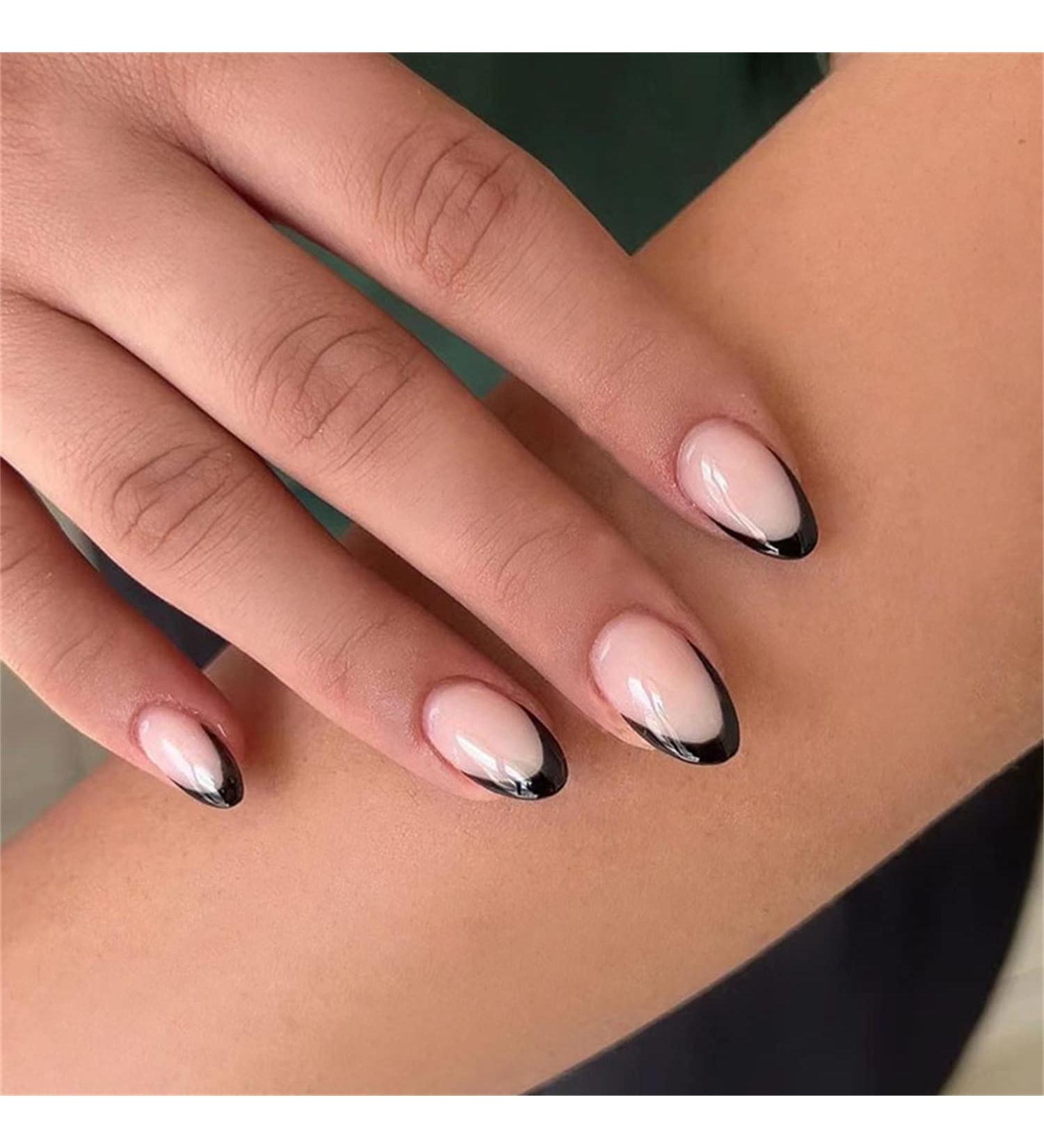 Shop Medium French Tip Press-On Nails - Black Mandrel False Nails | 24-Pack Short Acrylics with Adhesive Stickers - Buy Online on GoSupps.com