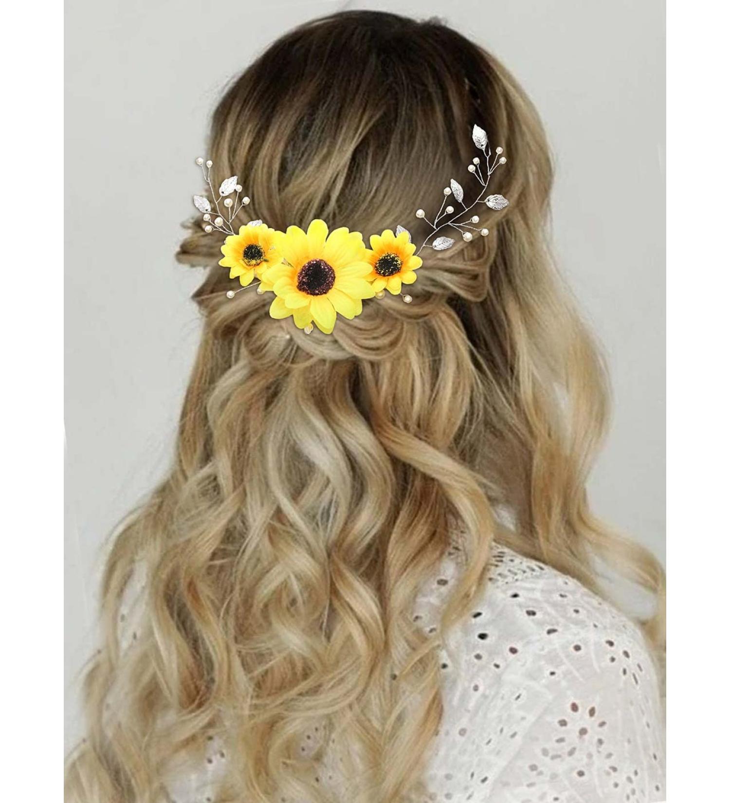 GORAIS Sunflower Bride Wedding Hair Vine - Silver Pearl Bridal Headpiece for Bride & Bridesmaids - Buy Online on GoSupps.com