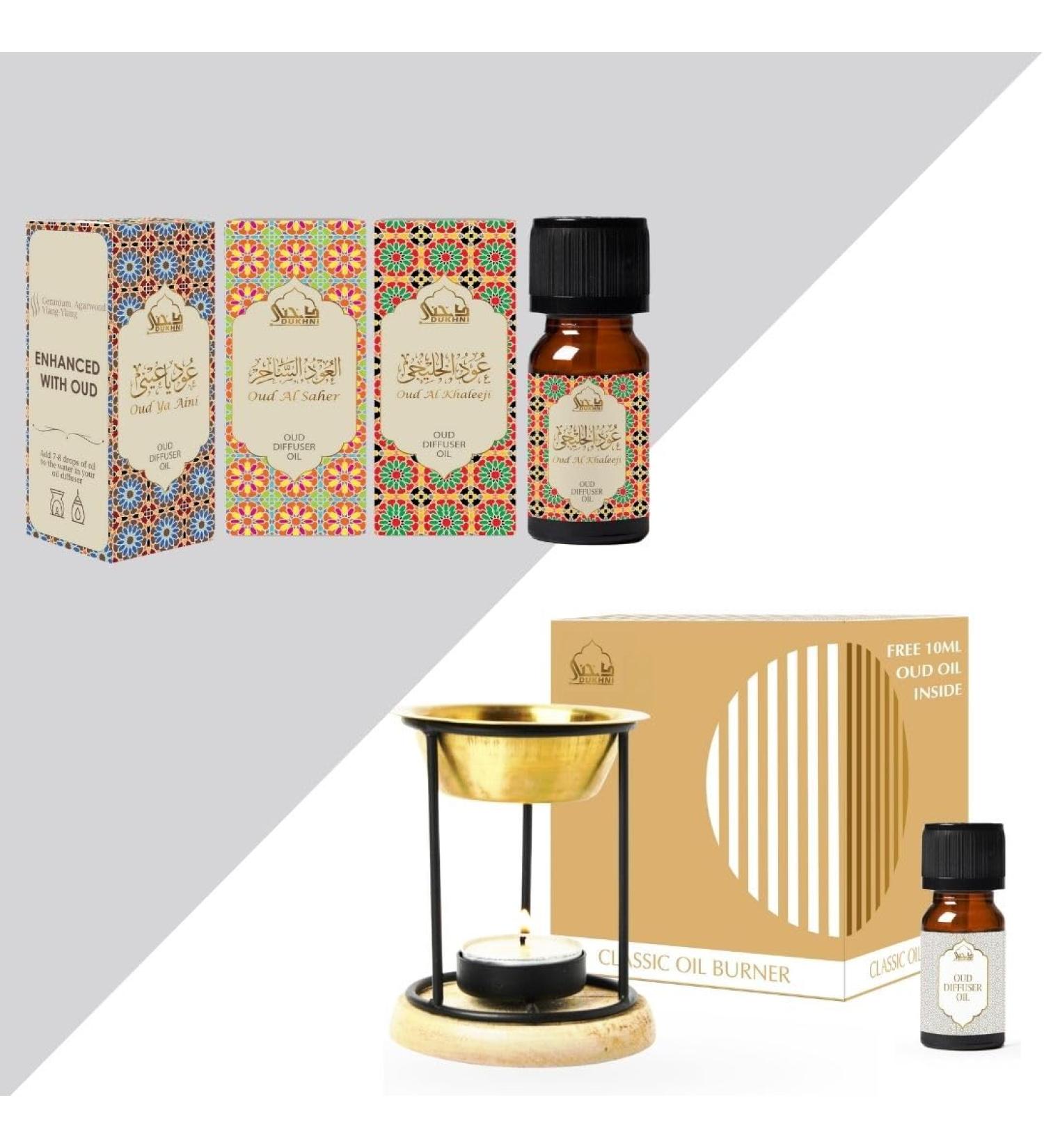 Arabian Oudh Diffuser Oil Set & Oil Burner by Dukhni | Brass Burner with Candle I 3 x 10ml oudh Essential Oil Aroma Oil for Diffuser & humidifier | Relax with Home Aromatherapy - Buy Online on GoSupps.com