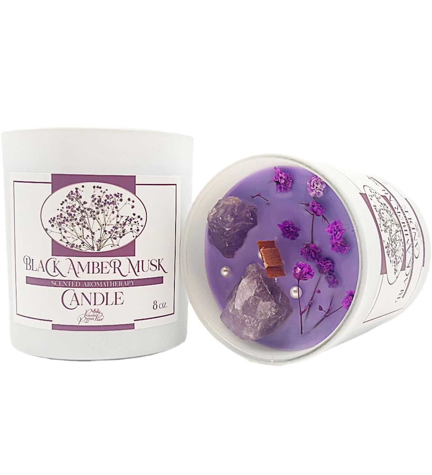 Scented Candles Gifts for Women | Non-Toxic Amber Candle with Crystals & Wooden Wick | Aromatherapy Stress Relief | 50hr Burn Time - Buy Online on GoSupps.com