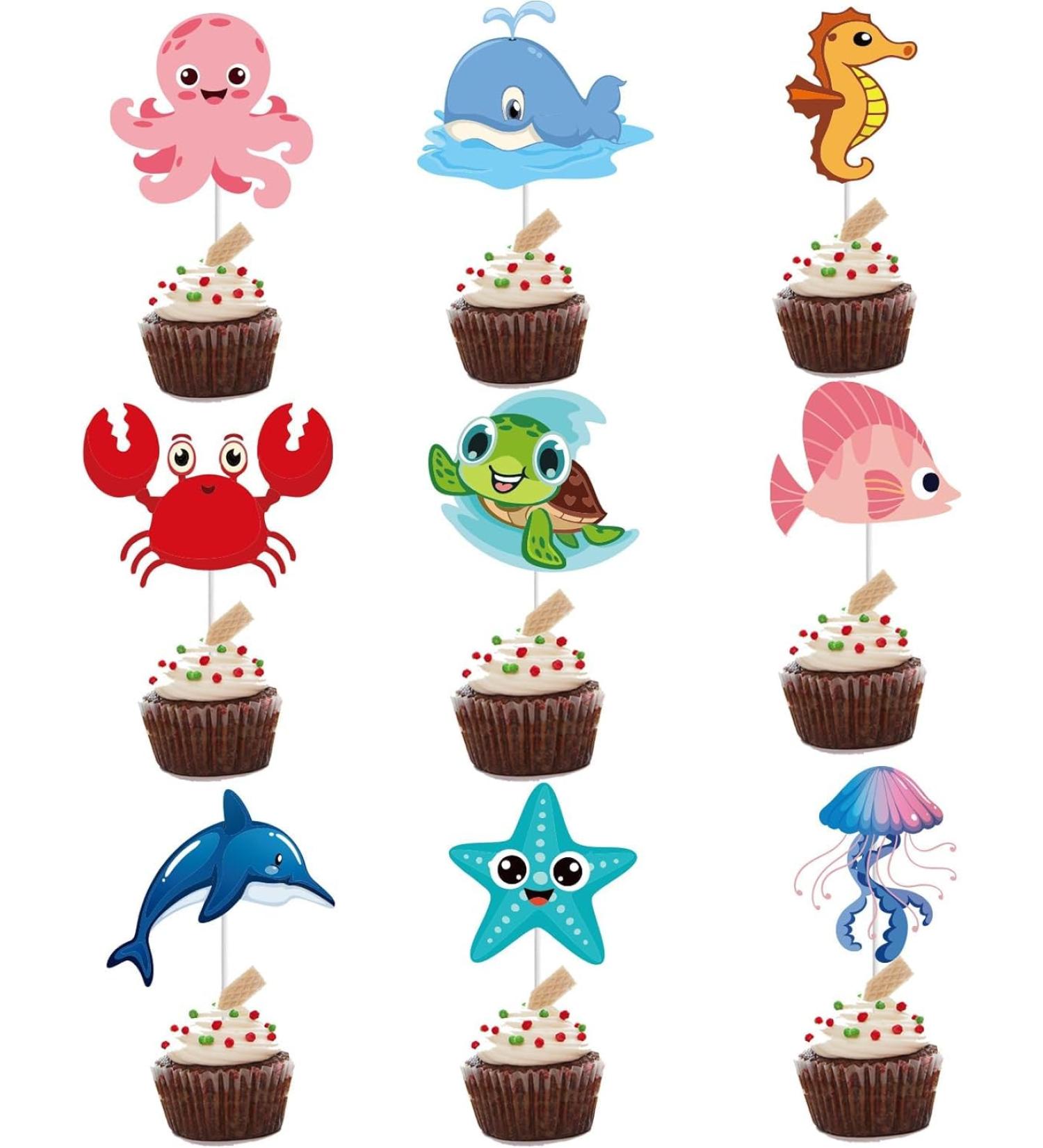 36Pcs Ocean Animal Happy Birthday Cupcake Toppers Under the Sea Animals Baby Shower Cupcake Sticks Ocean Sea Animal Birthday Theme Party Supplies for Baby Boys Girls - Buy Online on GoSupps.com