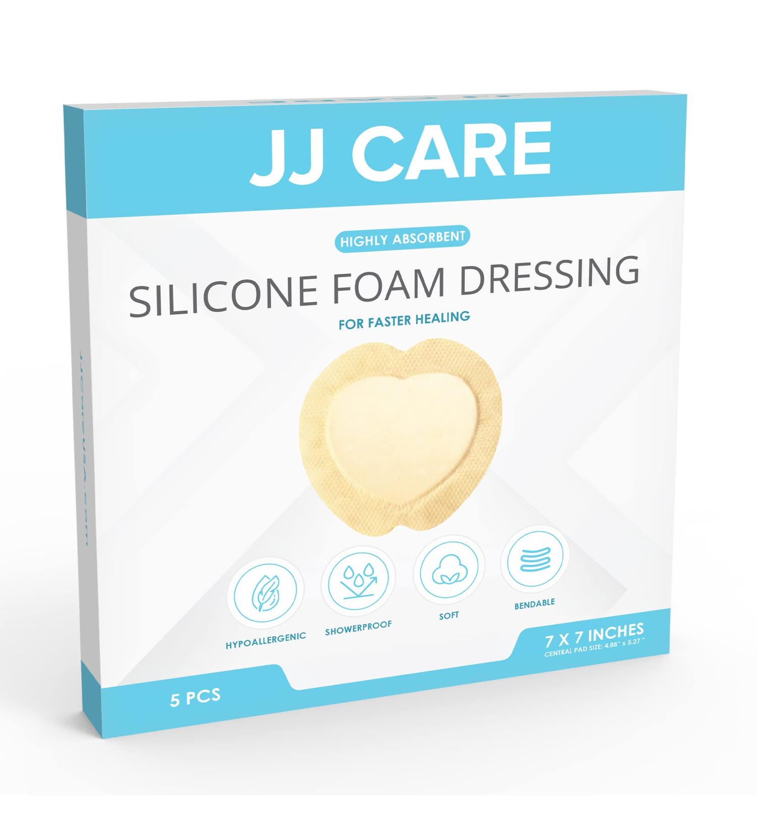 JJ CARE Silicone Foam Dressing [Pack of 5] - 7x7 Sacrum Size with Border - Absorbent Bandages with Showerproof Adhesive - Buy Online on GoSupps.com