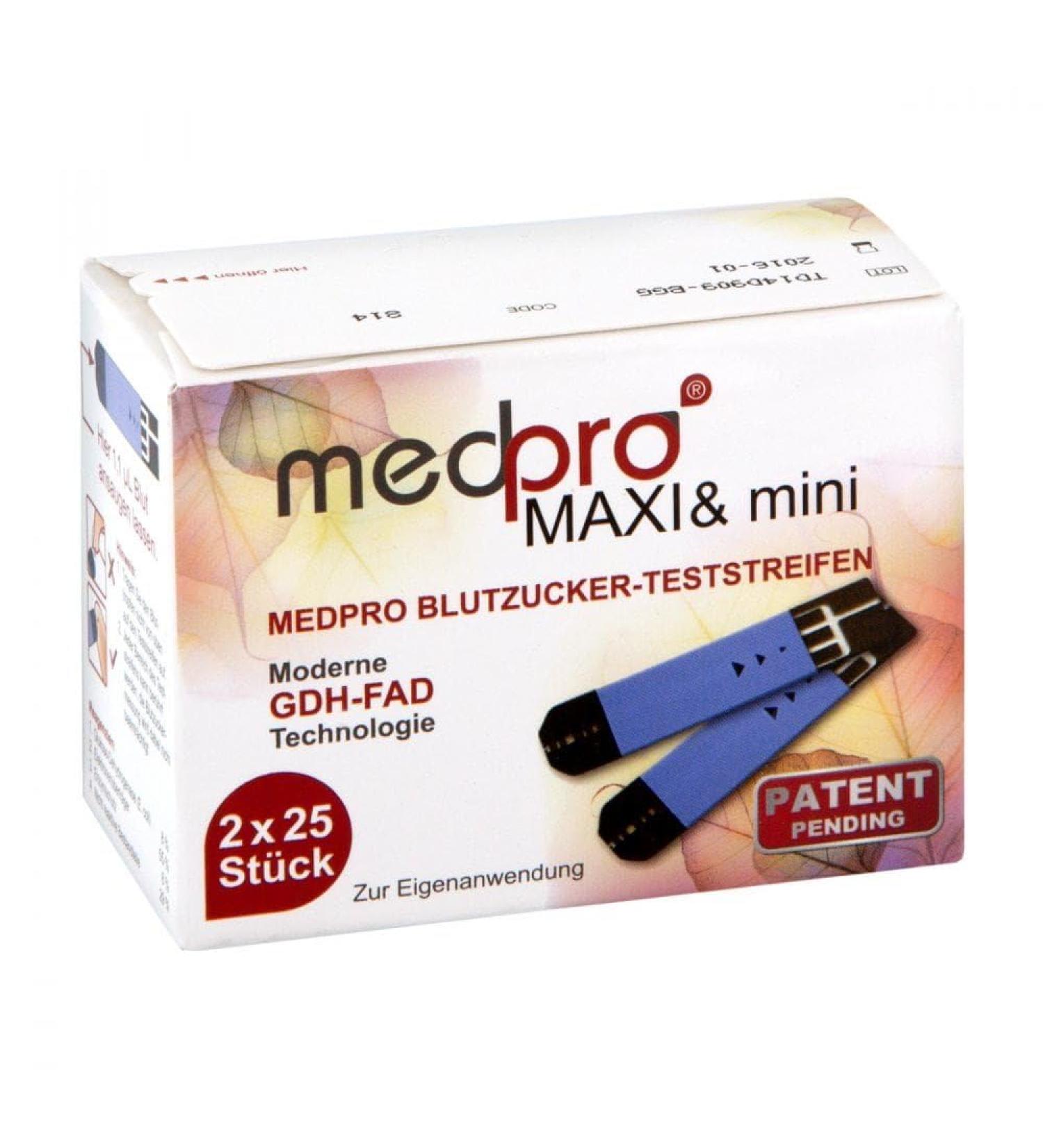 Medpro Maxi & Mini blood sugar test strips.single 2X25 pcs