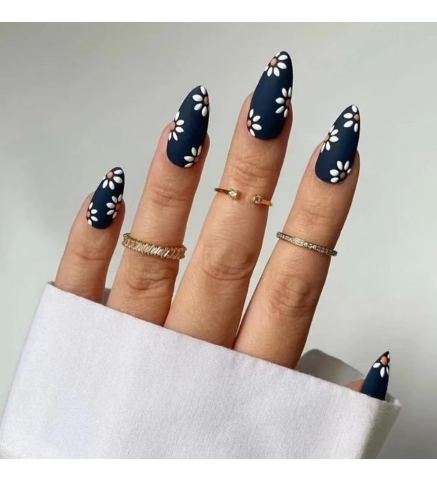 Black Daisy Design Press On Nails - Medium | Full Cover Tips for Women & Girls | Spring/Summer Salon Nail Art - Buy Online on GoSupps.com
