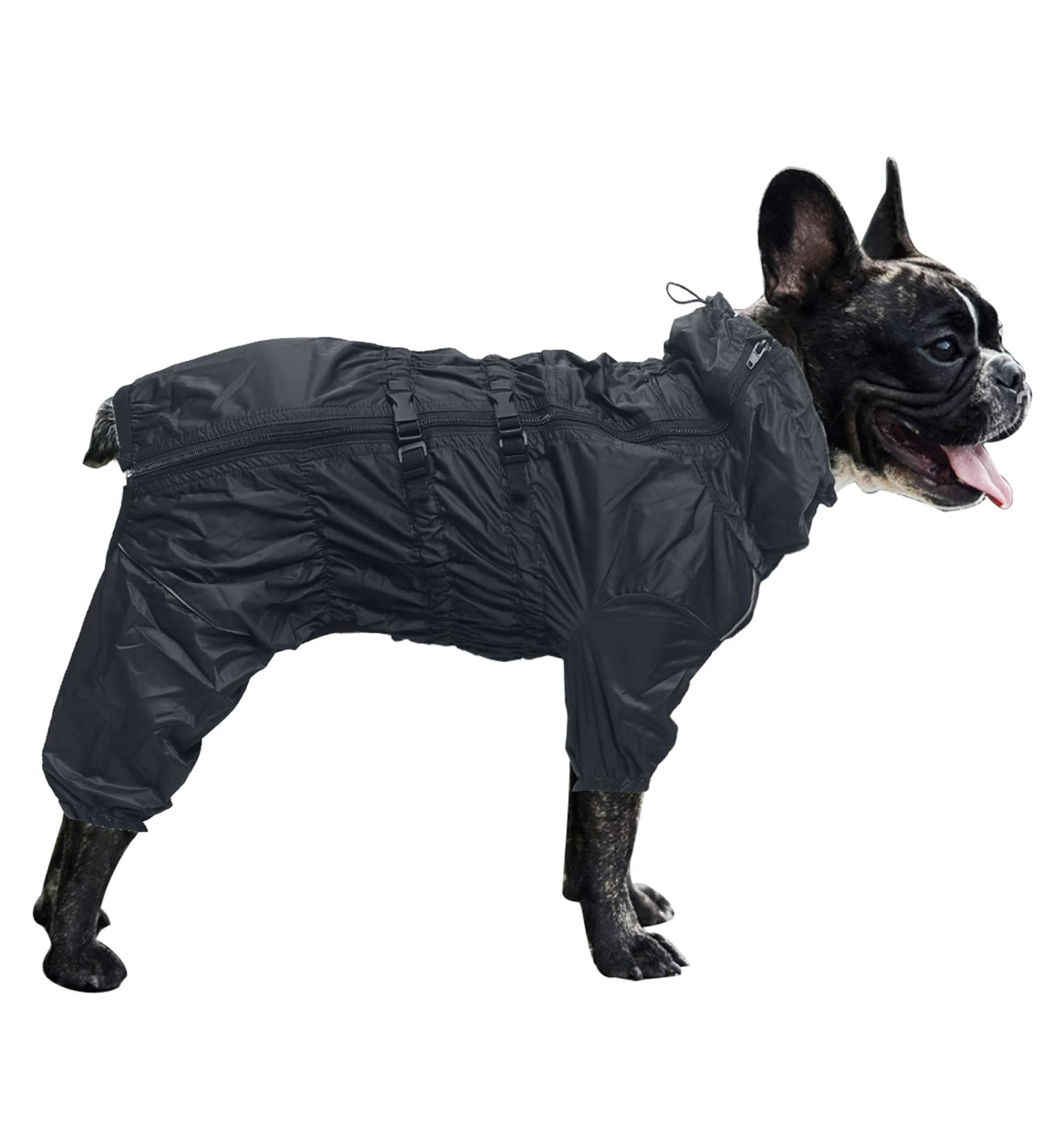 High Collar Waterproof Dog Raincoat Set | Minezi Hundred Coat | Reflex Stripes & Zippers | Black Medium (Back Length: 37-40cm) - Buy Online on GoSupps.com