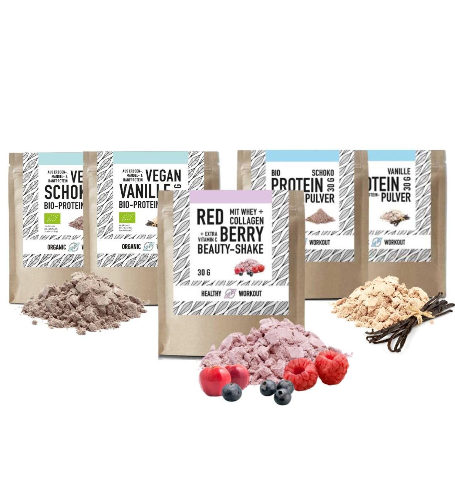 Organic Whey Protein Powder - Chocolate & Berries Collagen & Vegan Options - 5 Varieties (30g each) - Erythritol Sweetened - Buy Online on GoSupps.com