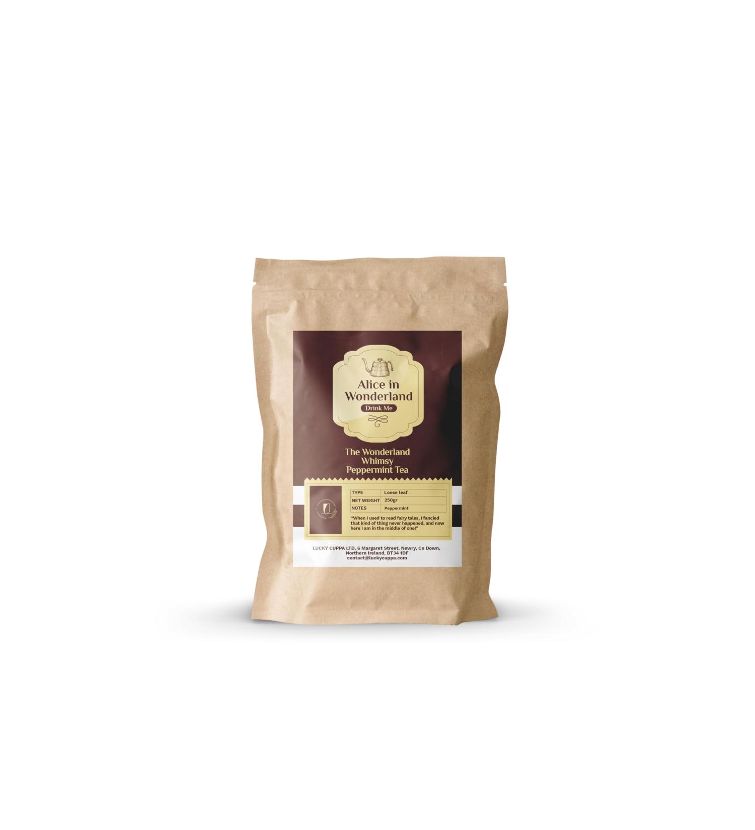 Lucky Cuppa's "Drink Me Potion" Wonderland Whimsy Peppermint Loose Leaf Tea - Decaf Loose Leaf - Premium Peppermint Loose Tea - Bag of Premium Quality Loose Leaf Tea - 250g - Buy Online on GoSupps.com