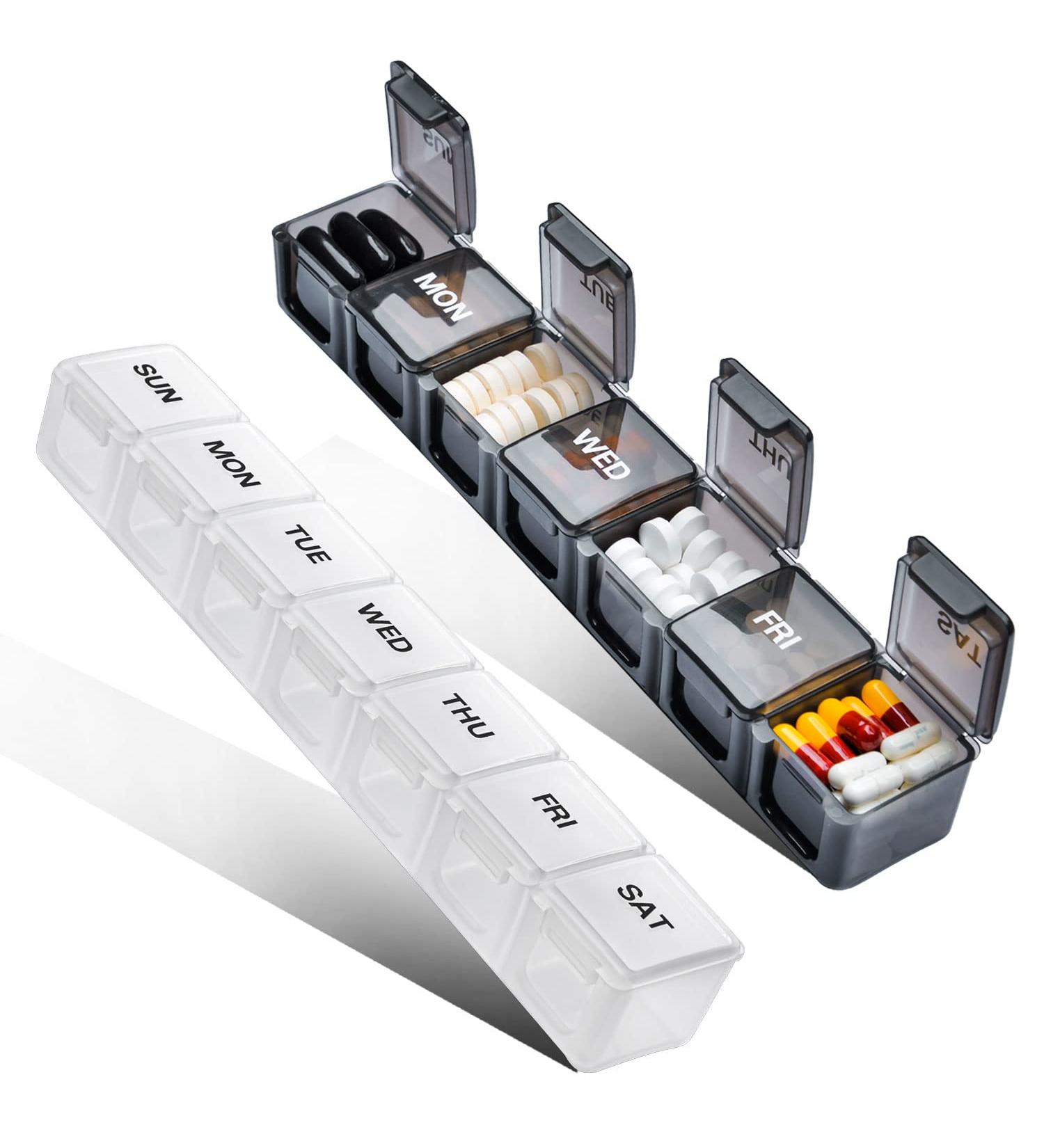 Argojolo Weekly Pill Organizer - 7 Day BPA-Free Medication Planner (2 Pack Black/White) - Travel-Friendly Pill Box for Tablets, Supplements, Vitamins - Buy Online on GoSupps.com