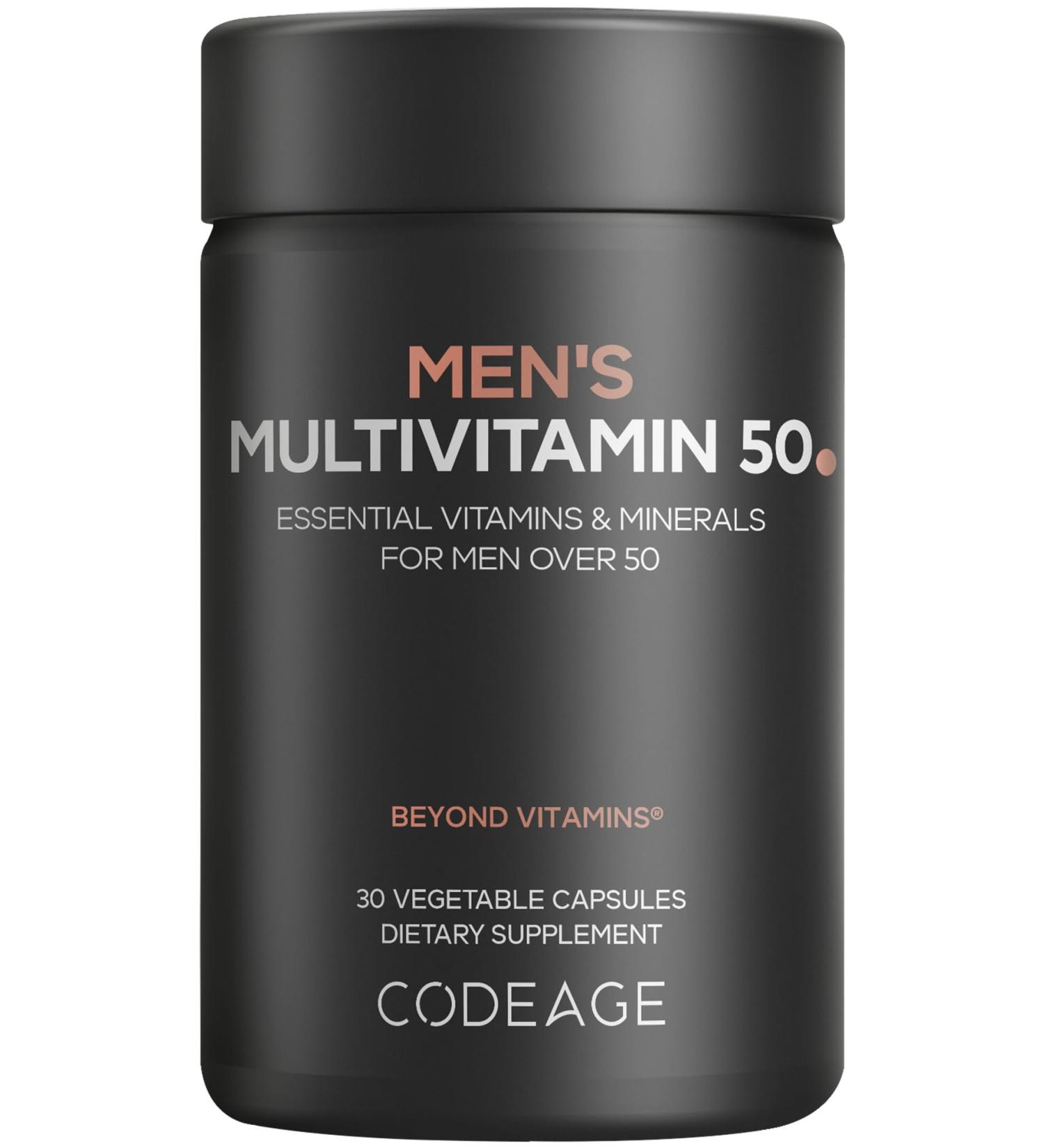 Codeage Men's Multivitamin 50 - Essential Vitamins & Minerals for Men Over 50 - Daily Multivitamins for Men Supplement - Vitamin A C D3 E B6 B1 CoQ10 Probiotics Lutein - Non-GMO - 30 Capsules - Buy Online on GoSupps.com