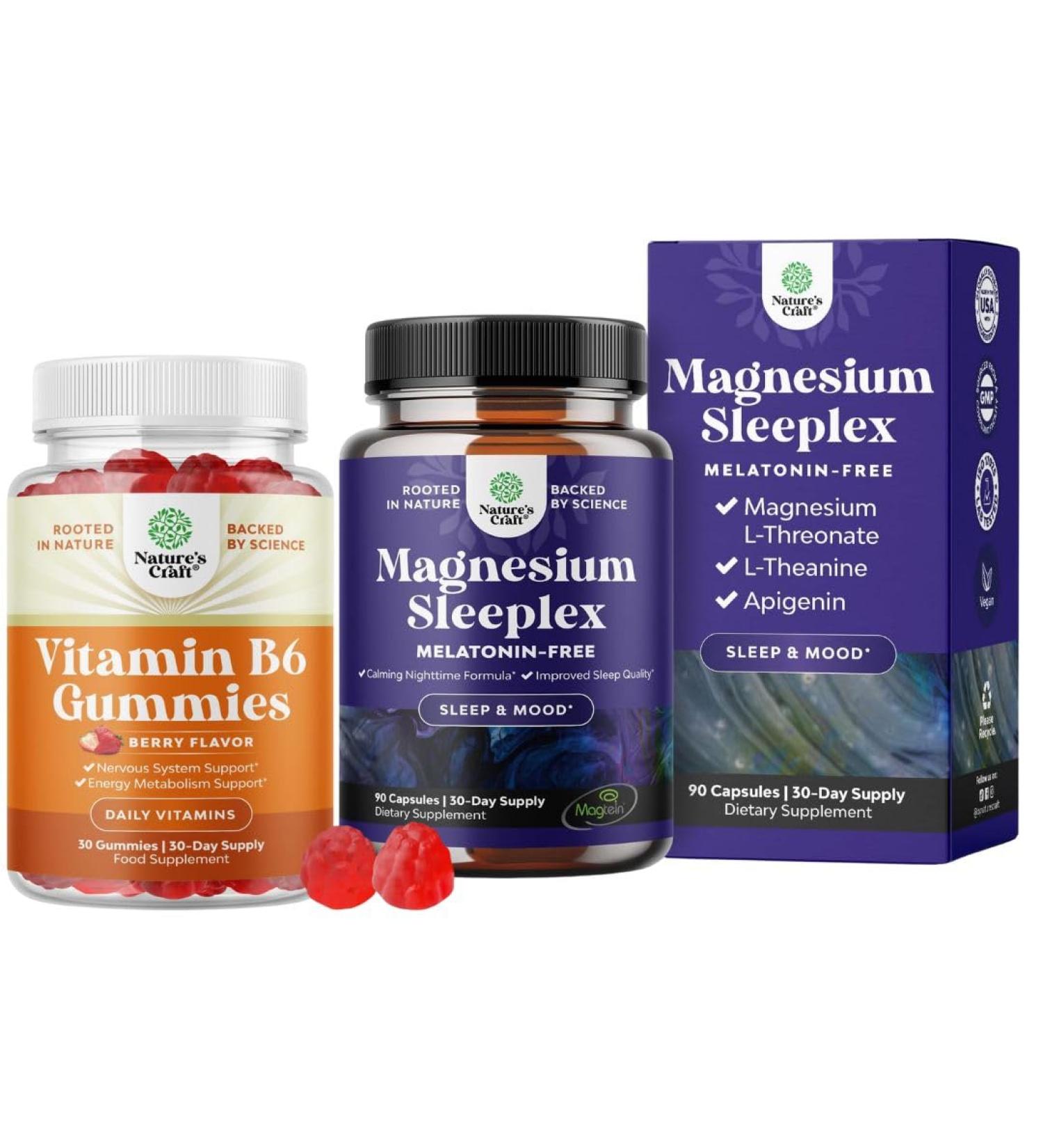 Bundle of Potent Vitamin B6 Gummies for Adults - Vitamin B Complex Supplements for Nervous System and High Absorption Magnesium Sleep - Rest Support Magtein Magnesium L-Threonate and Apigenin Theanine - Buy Online on GoSupps.com