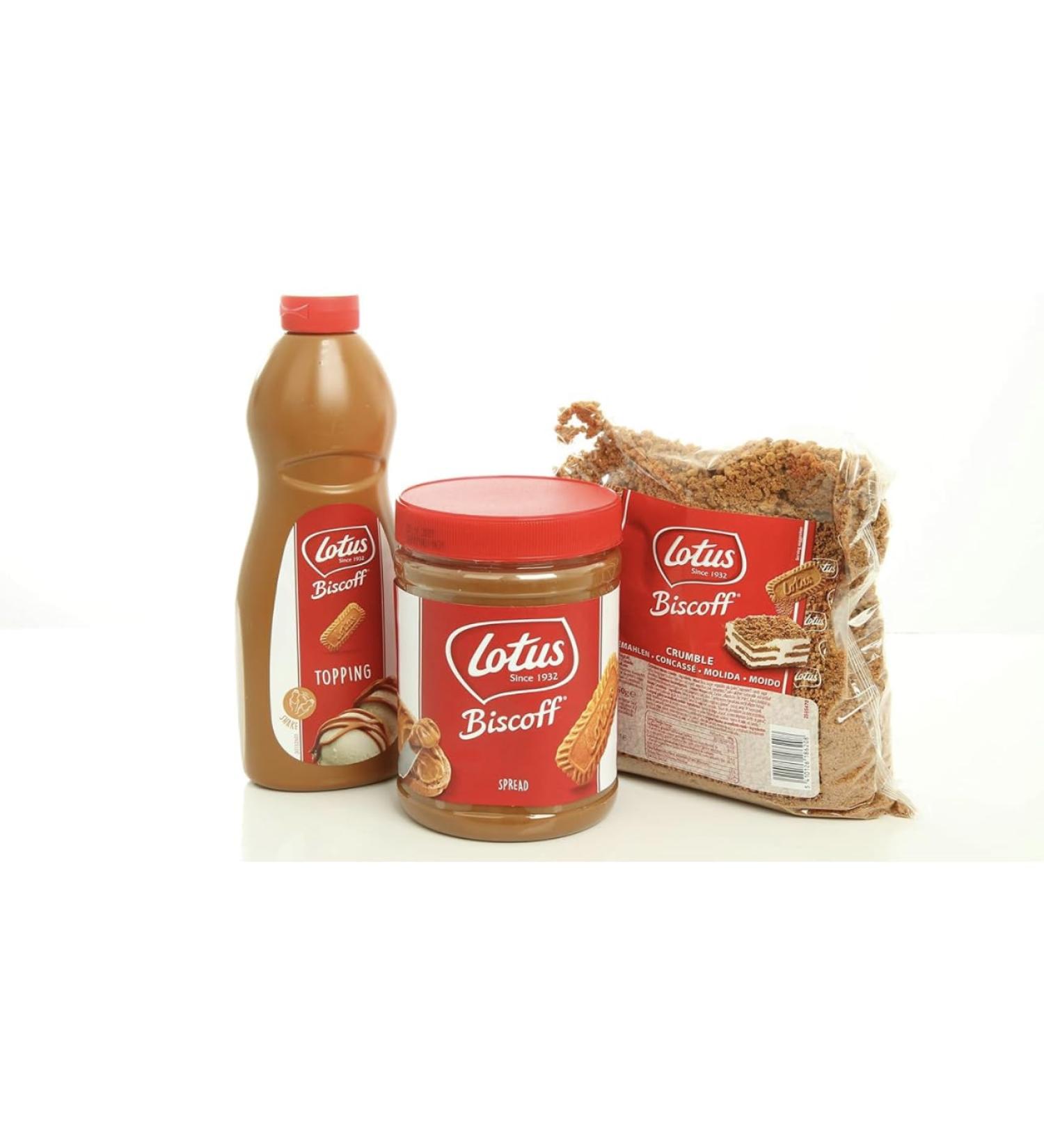Lotus Biscoff Speculoos Gift Set (Topping Sauce Squeezy Bottle 1kg Crumbs/Crushed Biscuit 750g and Original Caramelised Spread Smooth 1.6kg) Belgian Biscuit Hamper Bundle