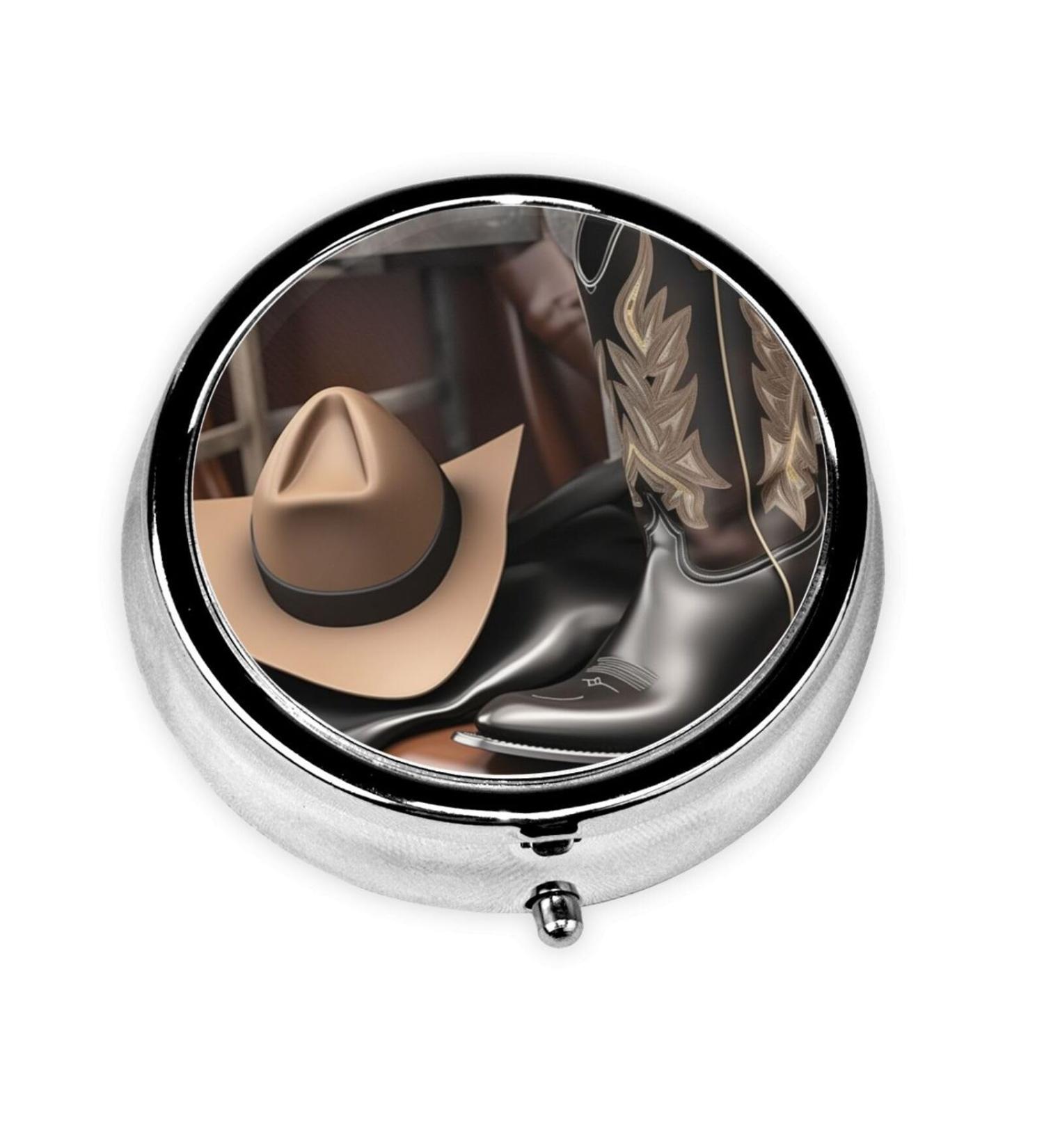 Buy Cowboy Black Hat Western Boots Portable Metal Pill Box - Round Mini 3-Compartment Design for Travel - Perfect for Small Pills - Buy Online on GoSupps.com