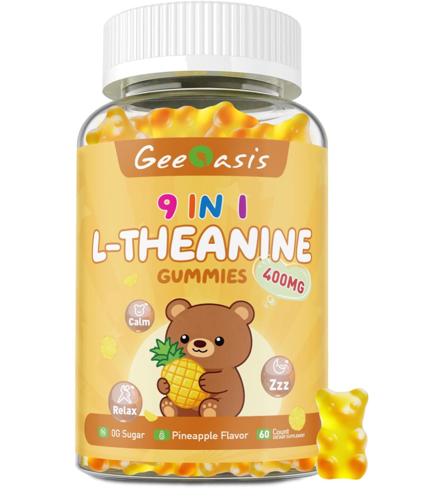 Geeoasis L-theanine 400mg Gummies l theanine Supplement for Kids & Adults 9 in 1 High Absorption Theanine Complex for Stress & Focus Support Pineapple Flavor 60 Count - Buy Online on GoSupps.com