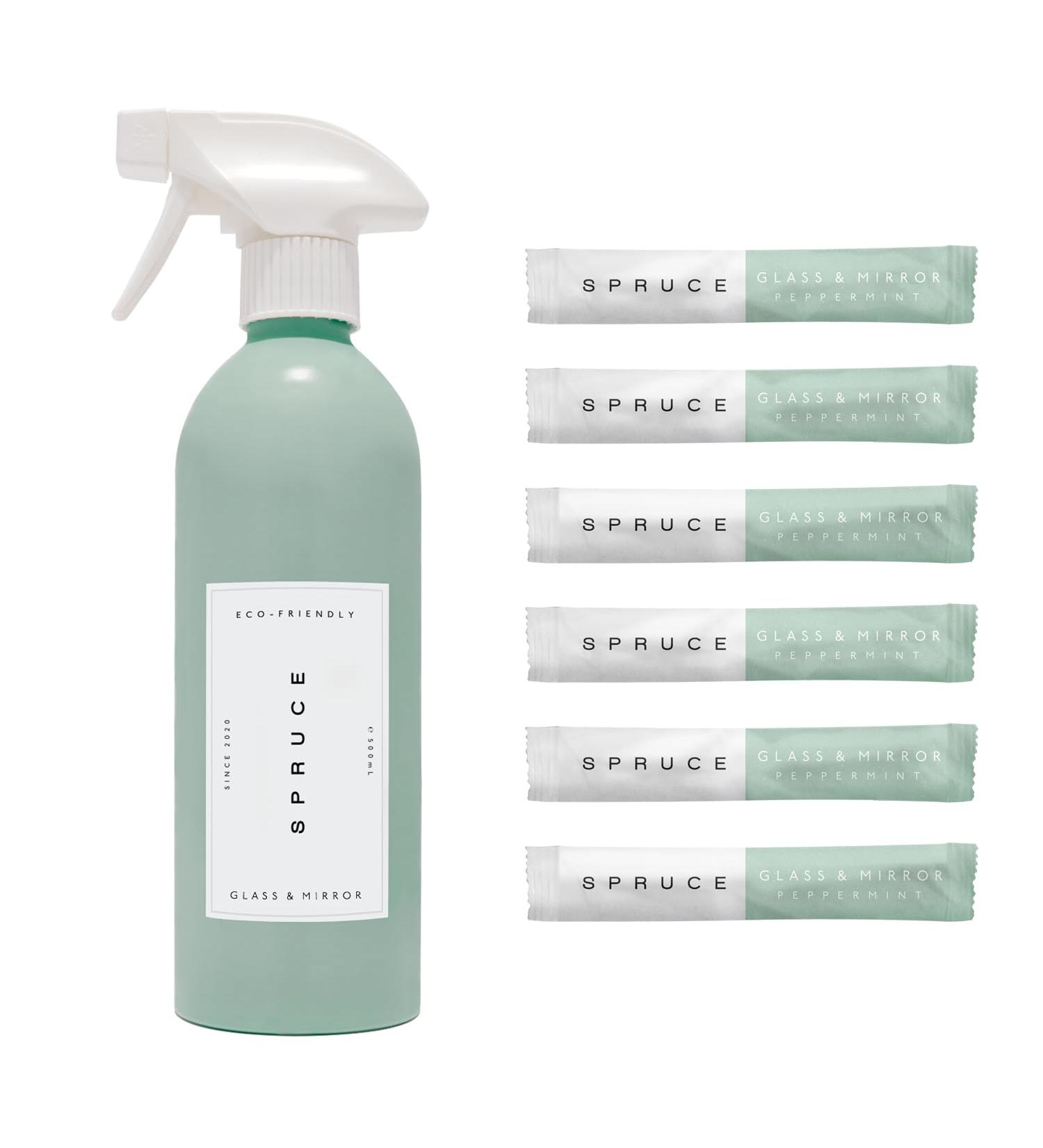 Spruce Glass & Mirror Starter Kit Bundle: Refillable Cleaning Kit with Aluminum Eternity Bottle and 6 x Plastic-Free Concentrated Refills. Just-add-water. Eco friendly Non-toxic 100% Vegan - Buy Online on GoSupps.com