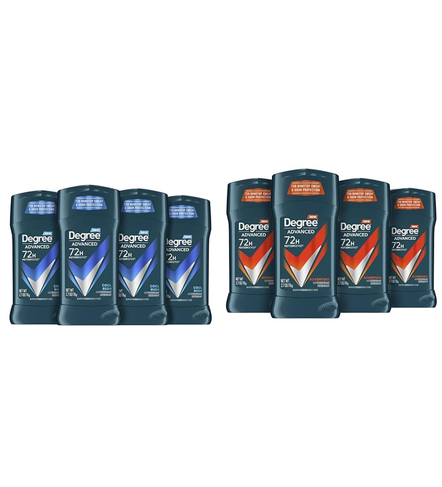 Degree Men Advanced Protection Antiperspirant Deodorant Cool Rush 4 count 72-Hour Sweat & Degree Men Antiperspirant Deodorant Adventure Freshness and Odor Protection Deodorant for Men 2.7 Oz - Buy Online on GoSupps.com