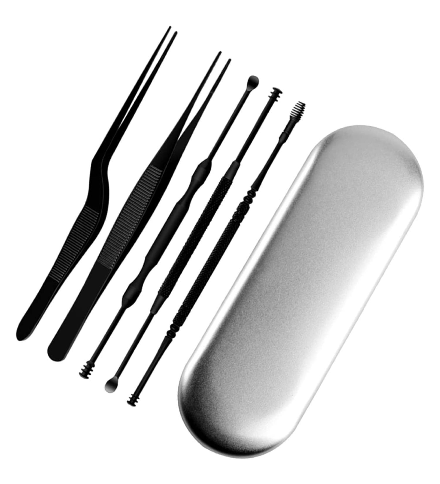 6pcs Home Earwax Removal Kit with Double-Ended Cleaner Picks, Tweezers, and Cleaning Padded Spoon - Silver Safe Travel Set for Adults - 14.2x1cm - Buy Online on GoSupps.com