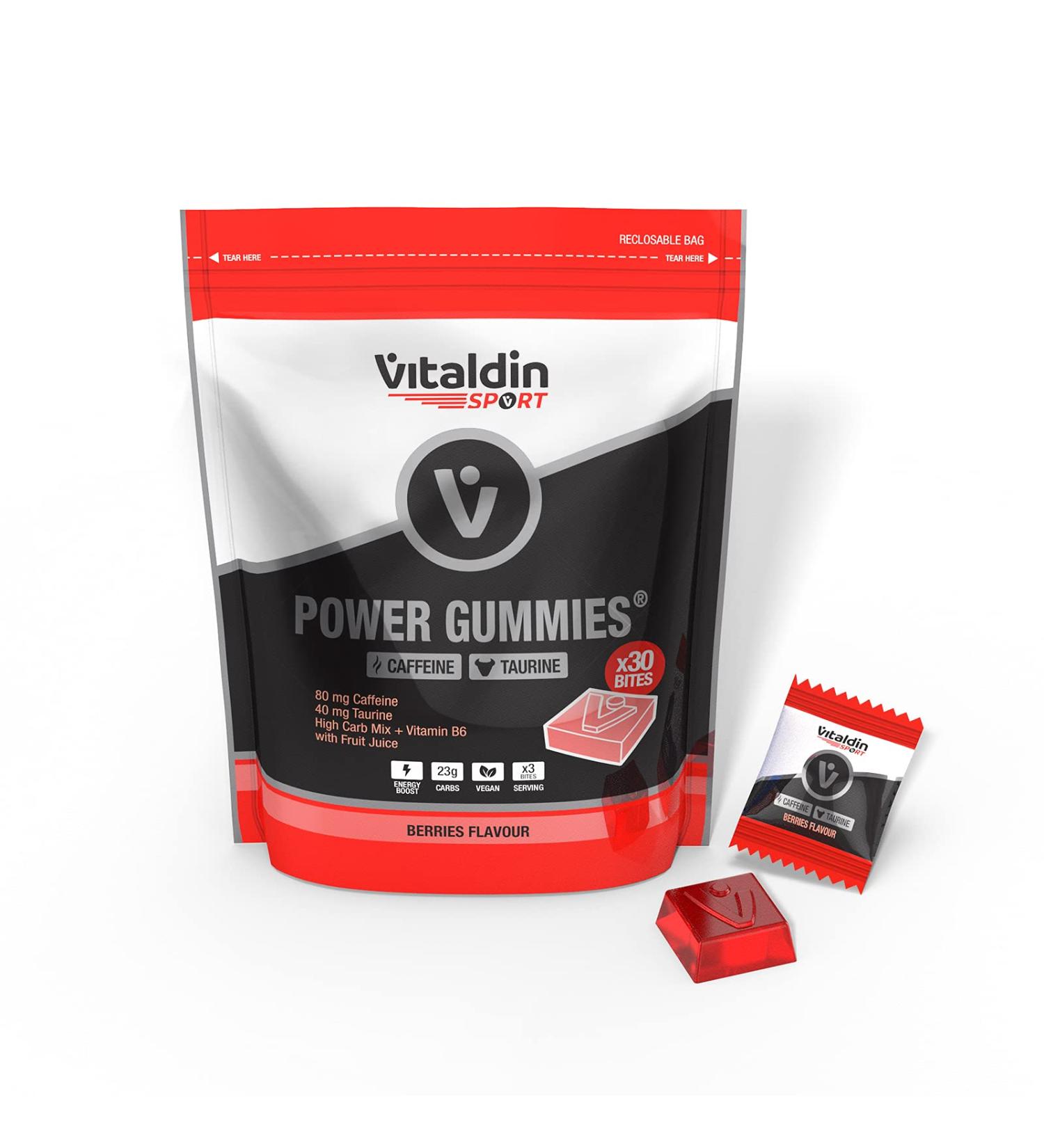 VITALDIN Sport Power Gummies: Caffeine & Taurine for Quick Energy | 80mg Caffeine, 40mg Taurine, Vitamin B6 | 30 Vegan Berries Flavour Gummy Bites - Buy Online on GoSupps.com