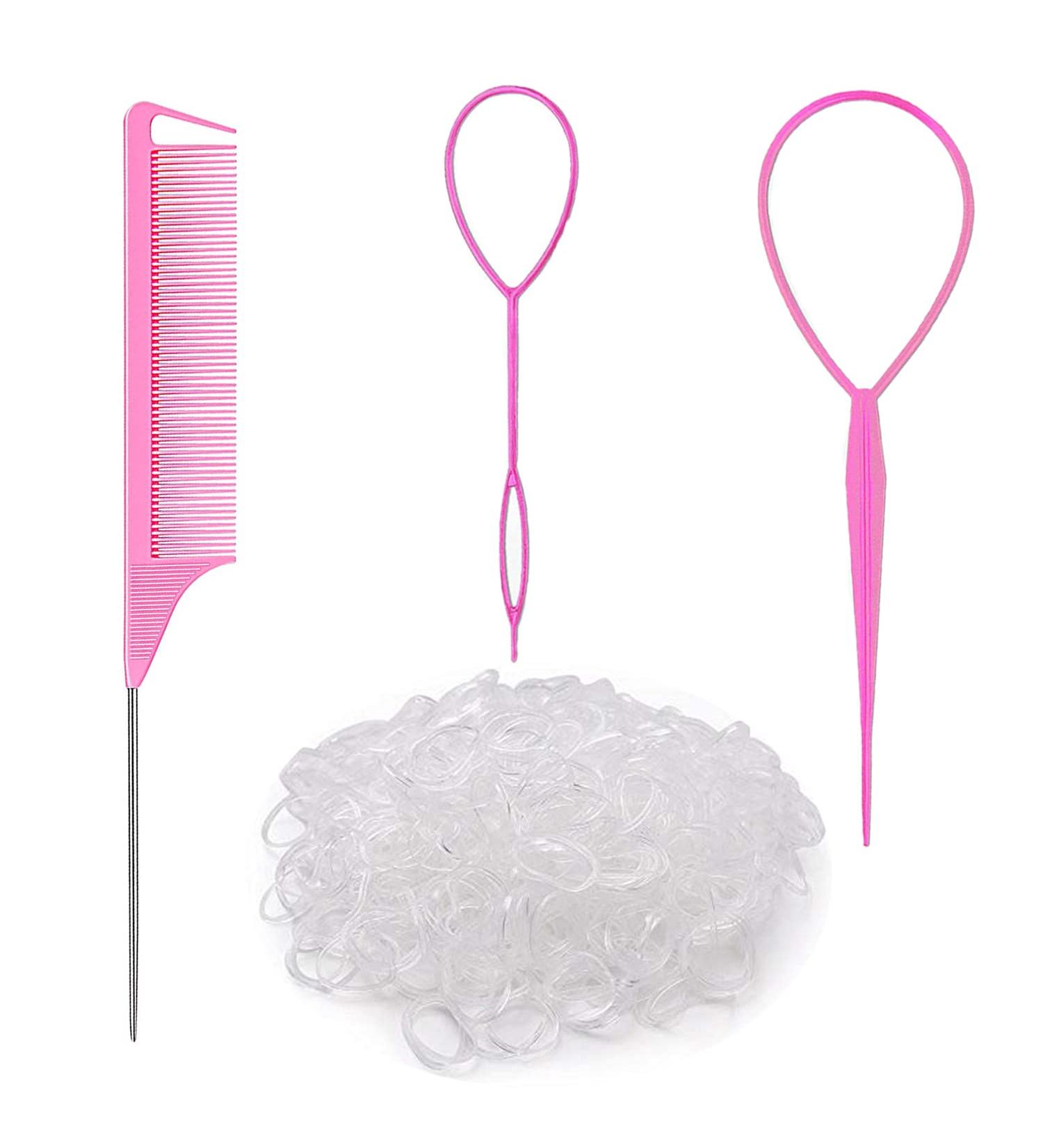 Hair Loop Styling Tool Set with 1000 Clear Mini Elastic Bands - Pink - Buy Online on GoSupps.com