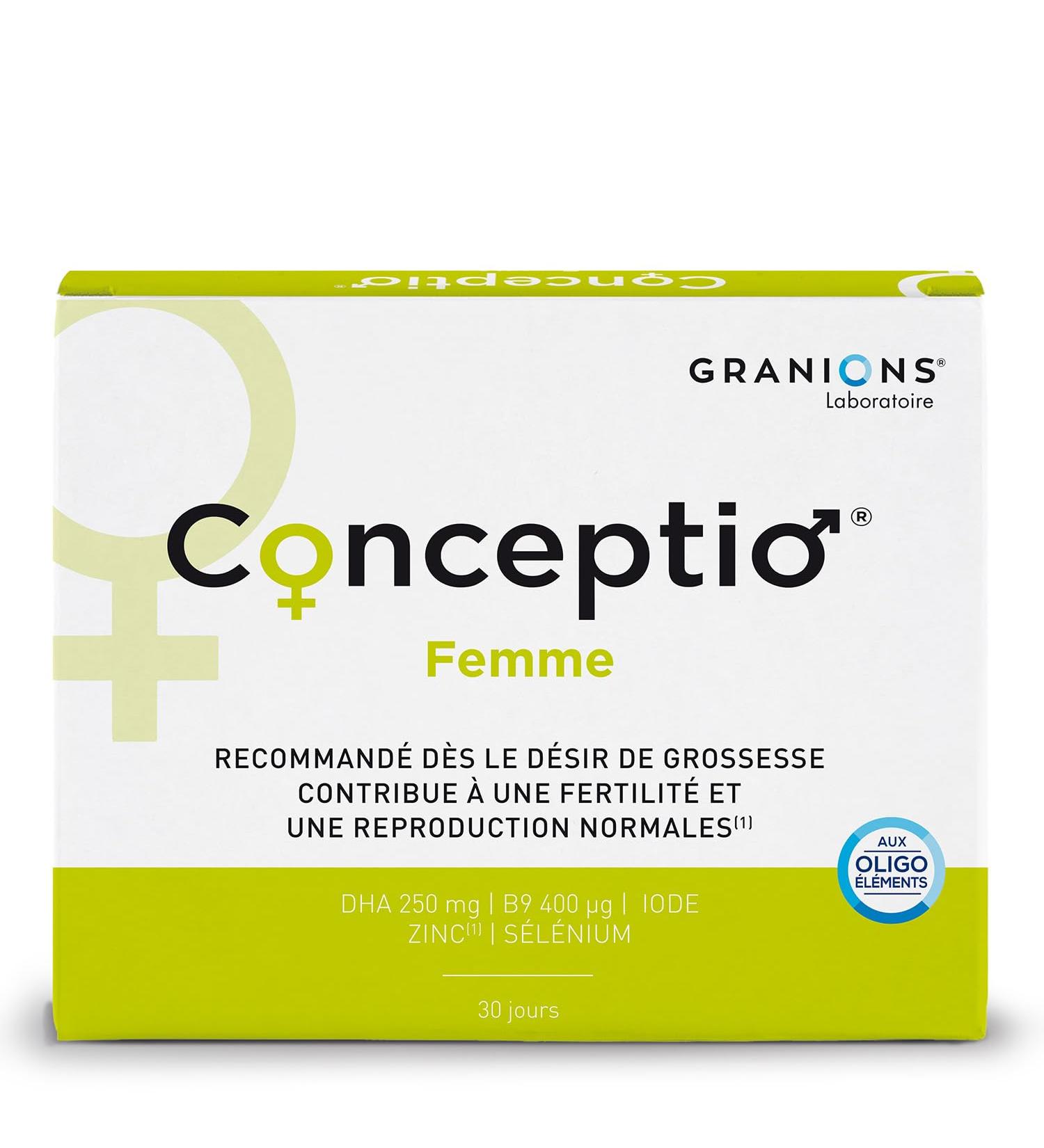 GRANIONS Conceptio Woman Contributes to Female Fertility Vit. B9 (Folic Acid) Vit. grp B Vit. C Vit. A Dha Iodine Zinc Selenium French Brand 30 J Program - Buy Online on GoSupps.com