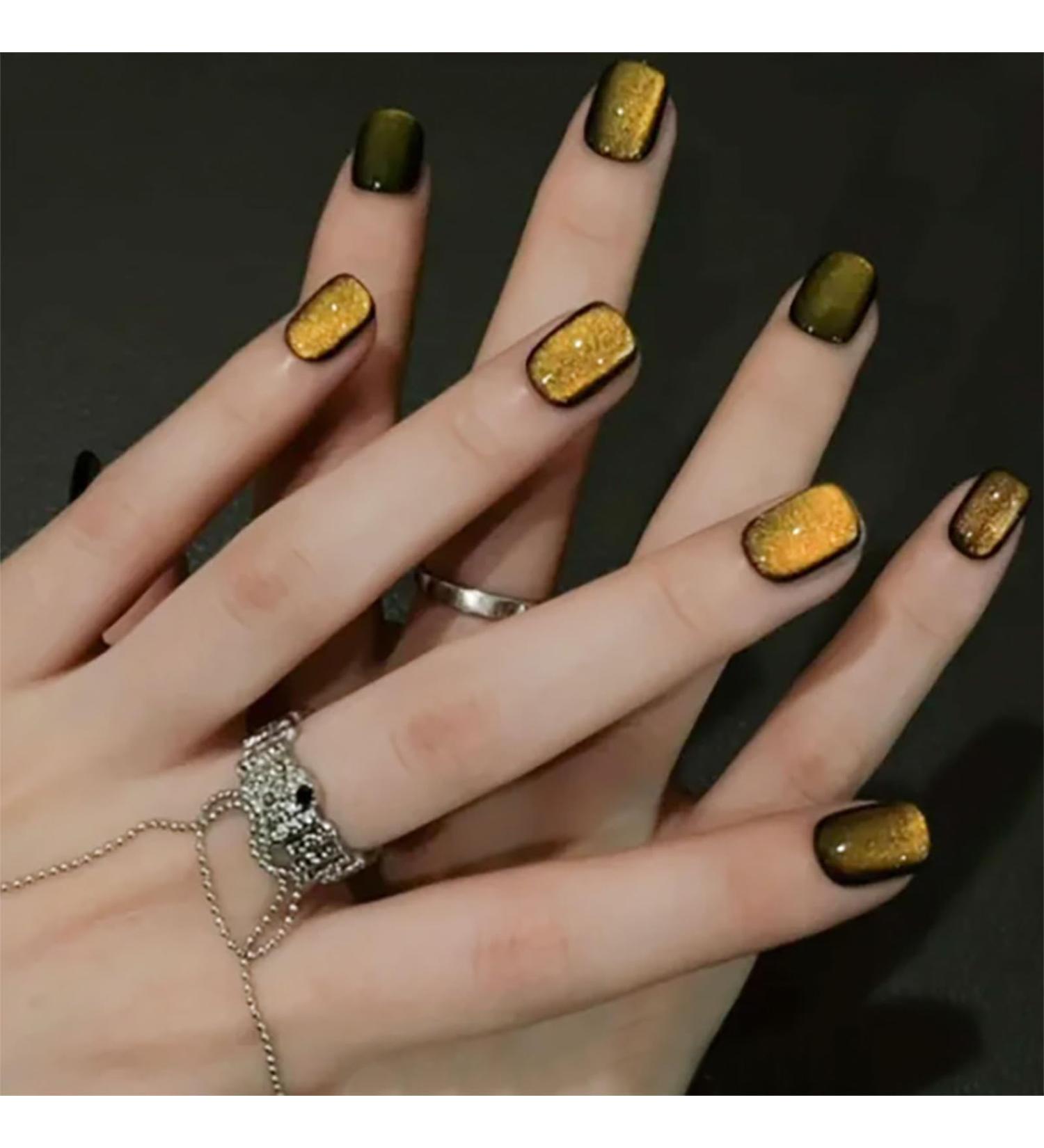 Buy Yellow Glitter Press On Nails - 24pcs Square Full Cover Acrylic Nails with Designs | Glossy Glue On Short Fake Nails for Women - Buy Online on GoSupps.com