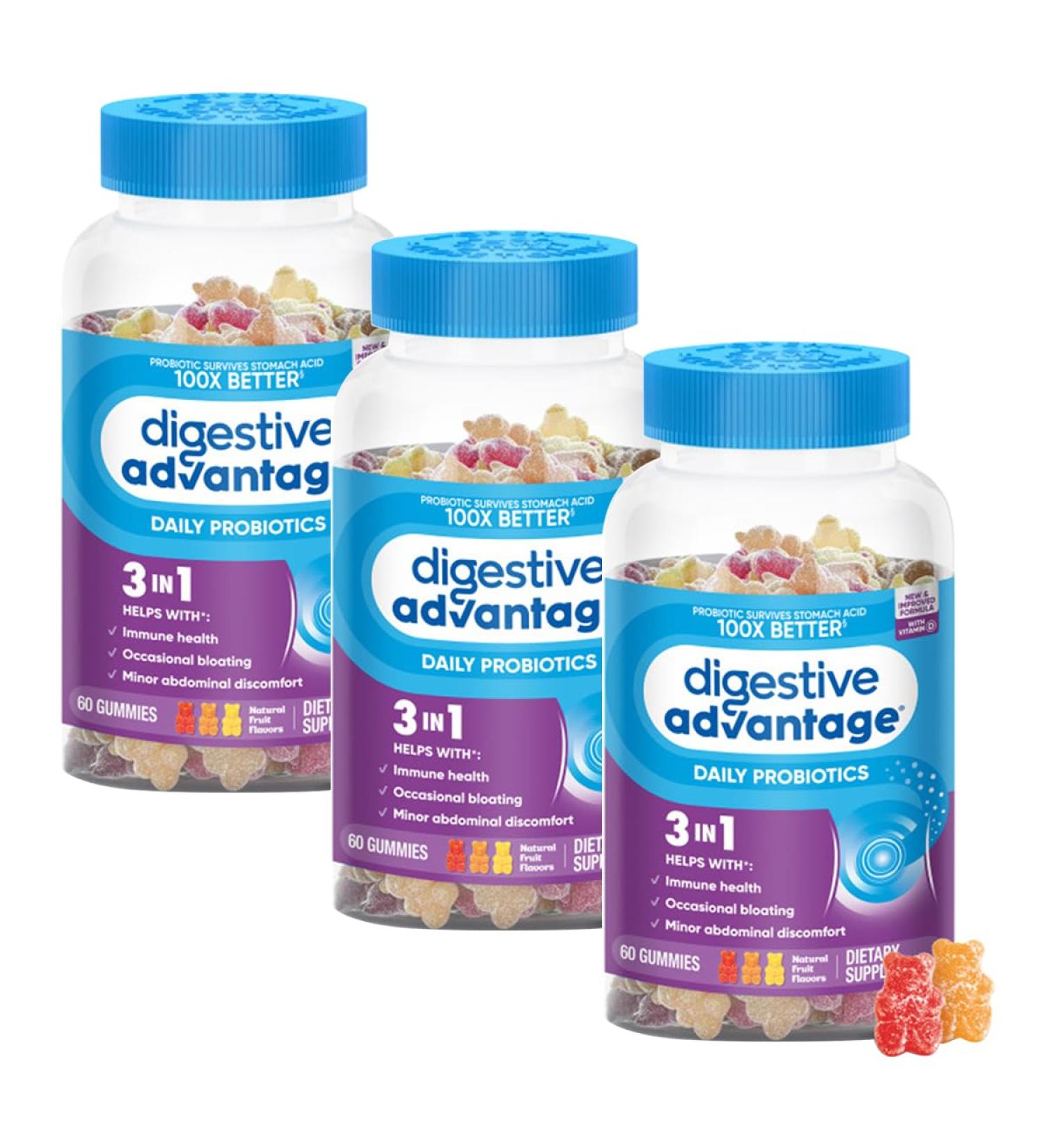 Digestive Advantage 3-in-1 Natural Fruit Flavors Probiotic Gummies for Women & Men Occasional Bloating, Minor Abdominal Discomfort & Gut Health, 60 Count Gummies (3 Pack) - Buy Online on GoSupps.com