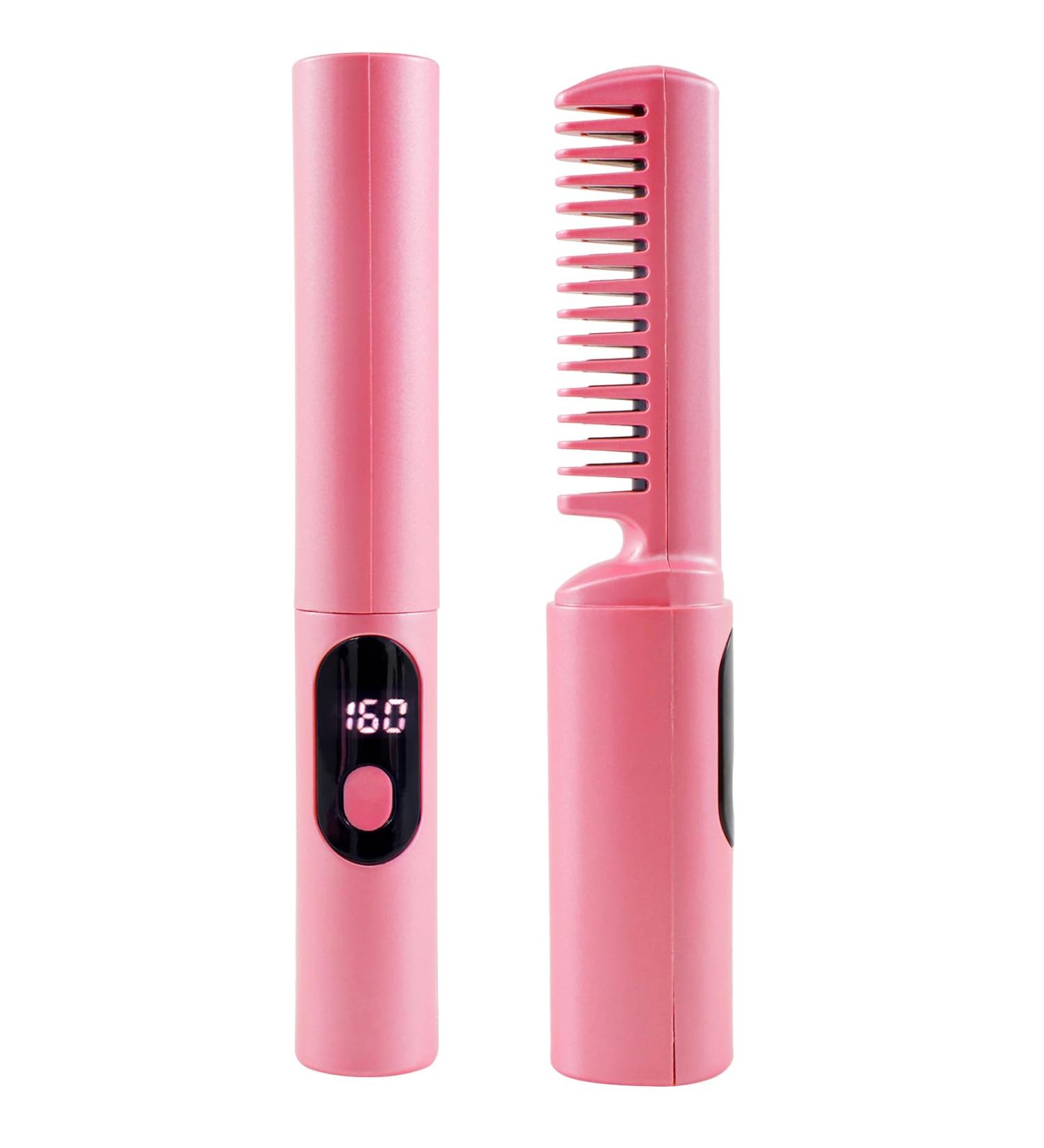 Hair Straightener Comb - Portable 4000mAh Electric Straightening Brush with Display 3 Temperature Settings Anti-Scald - Pink Color - Buy Online on GoSupps.com
