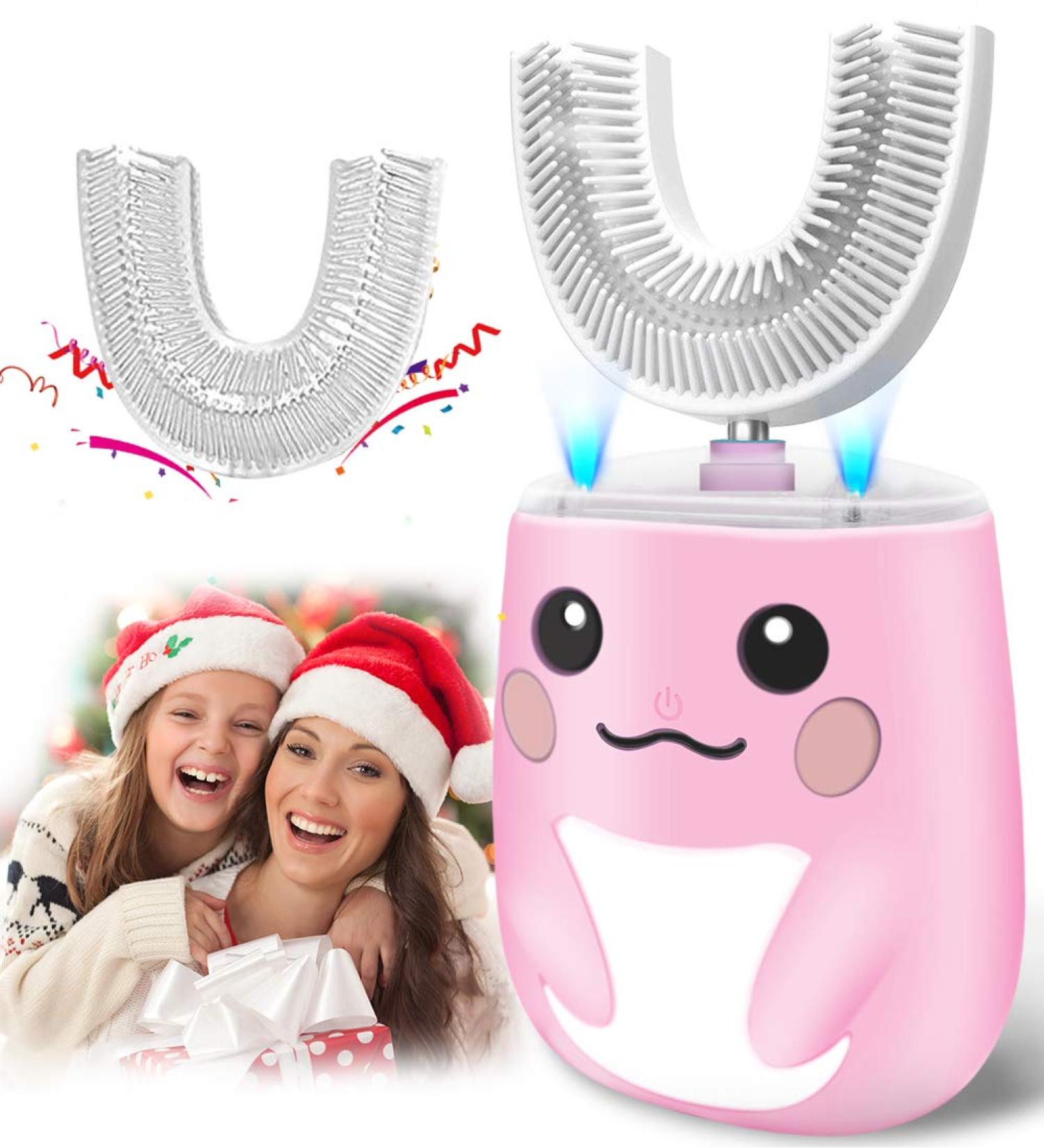 Kids Electric U-Shaped Ultrasonic Toothbrush | 6 Modes | IPX7 Waterproof | Rechargeable | 2 Brush Heads | Child Birthday Gift (Pink) - Buy Online on GoSupps.com
