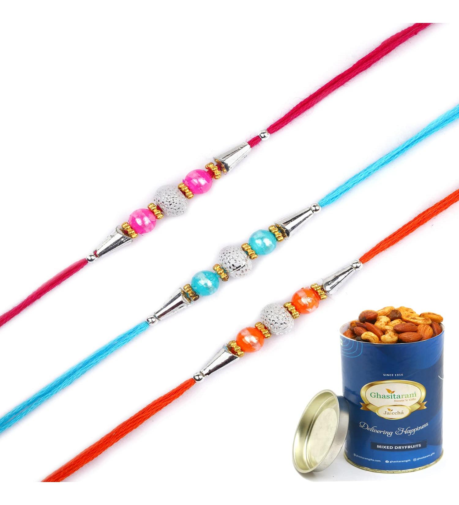 Ghasitaram Gifts Rakhi for Brother Rakhis Online - Set of 3-6194 Rakhis with 100 GMS of Dryfruits Mix Can - Buy Online on GoSupps.com