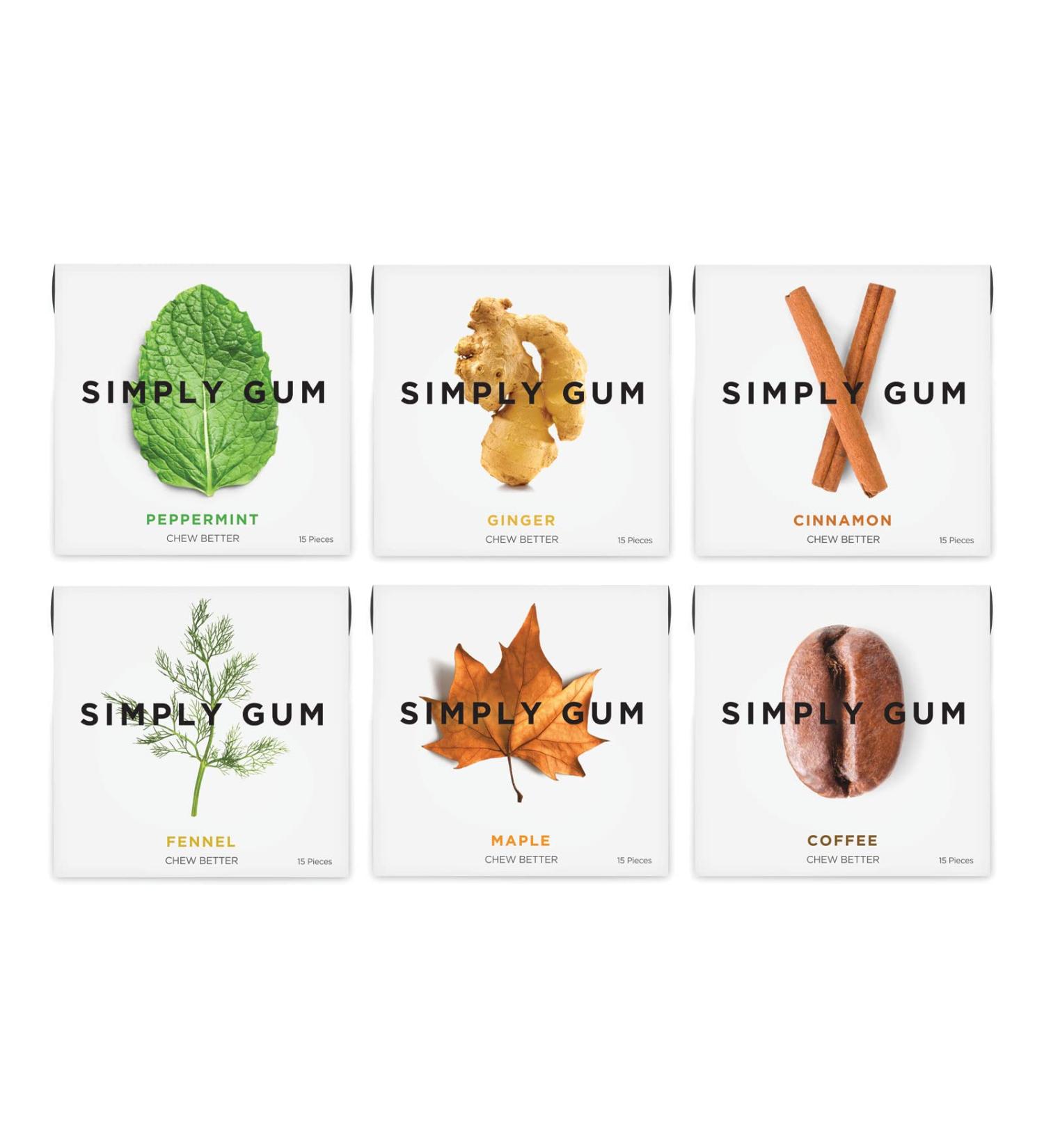 Simply Gum Variety Pack - Peppermint, Cinnamon, Ginger, Fennel, Maple, Coffee | Synthetic & Aspartame Free, Non-GMO Assorted Original - Buy Online on GoSupps.com