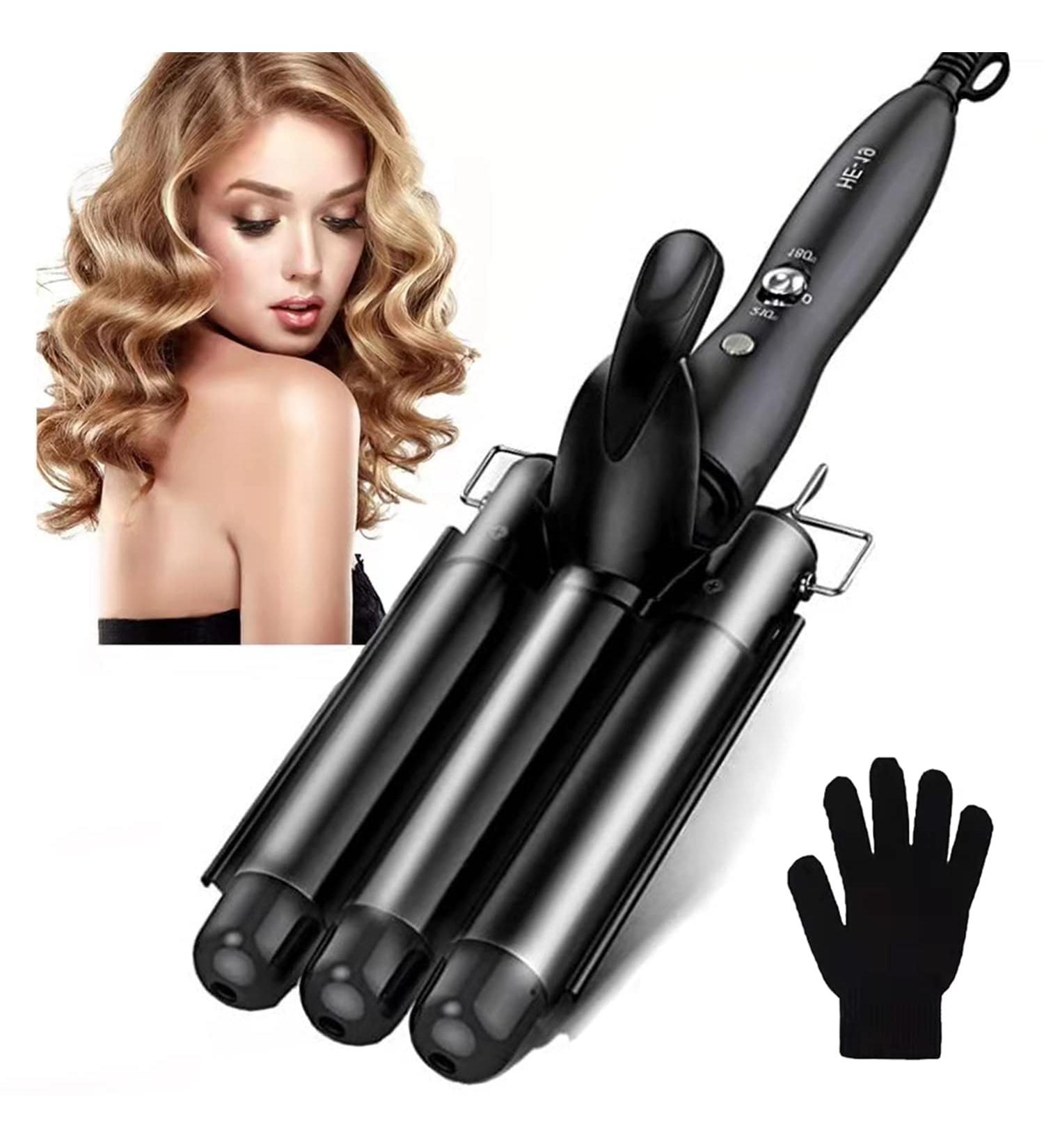 3 Barrel Curling Iron - Ceramic Hair Waver with Adjustable Temperature | Portable Black Hair Curler for Travel with Heat Resistant Glove - Buy Online on GoSupps.com