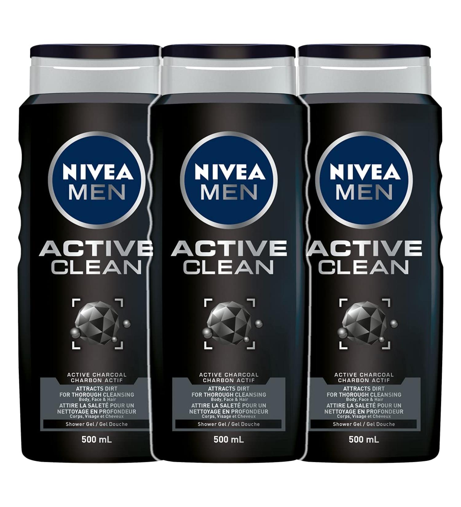 NIVEA MEN Active Clean Body Wash | 3-in-1 Men Shower Gel (Body Face & Hair) 3x500mL Active Clean 1 count (Pack of 3)