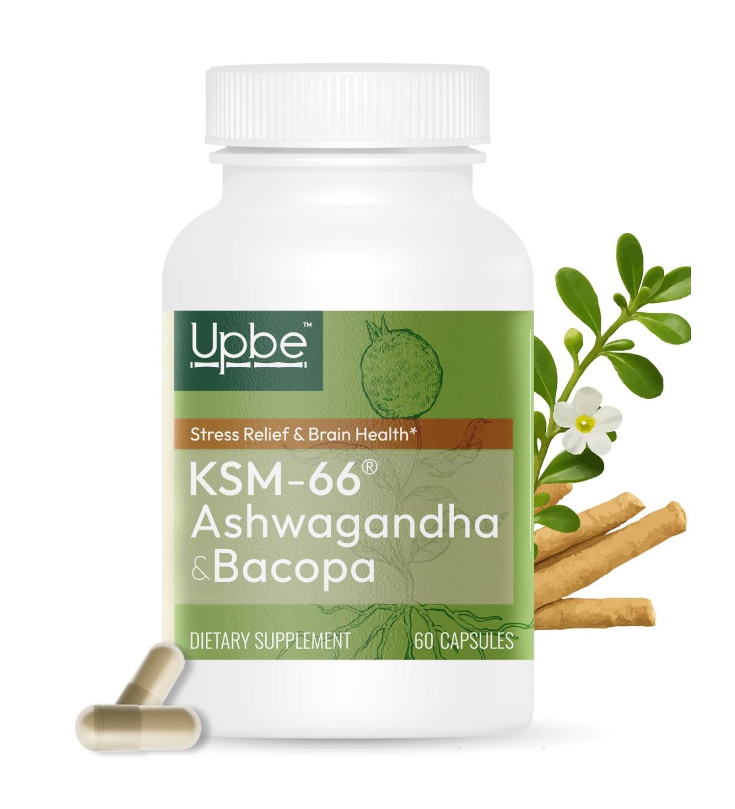 Upbe Ashwagandha Supplements for Women & Men - KSM-66 with Bacopa & Milk Thistle, 60 Vegan Capsules - Stress Relief, Mood, Cortisol Support, Extra Strength Ashwagandha Capsules - Buy Online on GoSupps.com