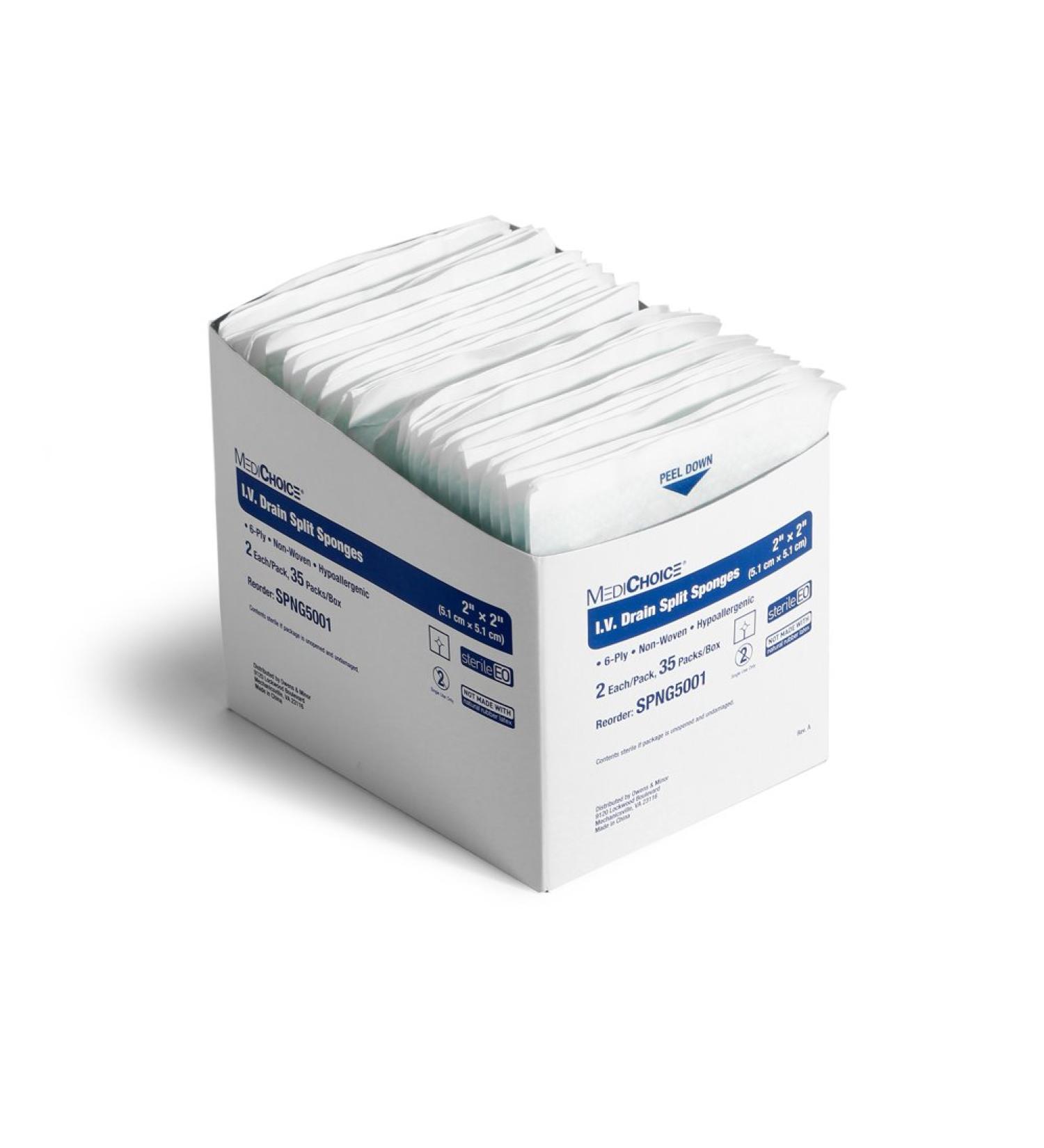 MediChoice IV Drain Split Sponge - Sterile Hypoallergenic 2x2 Inch Non-Woven (Case of 700) - Best for Wound Care & International Shipping - Buy Online on GoSupps.com