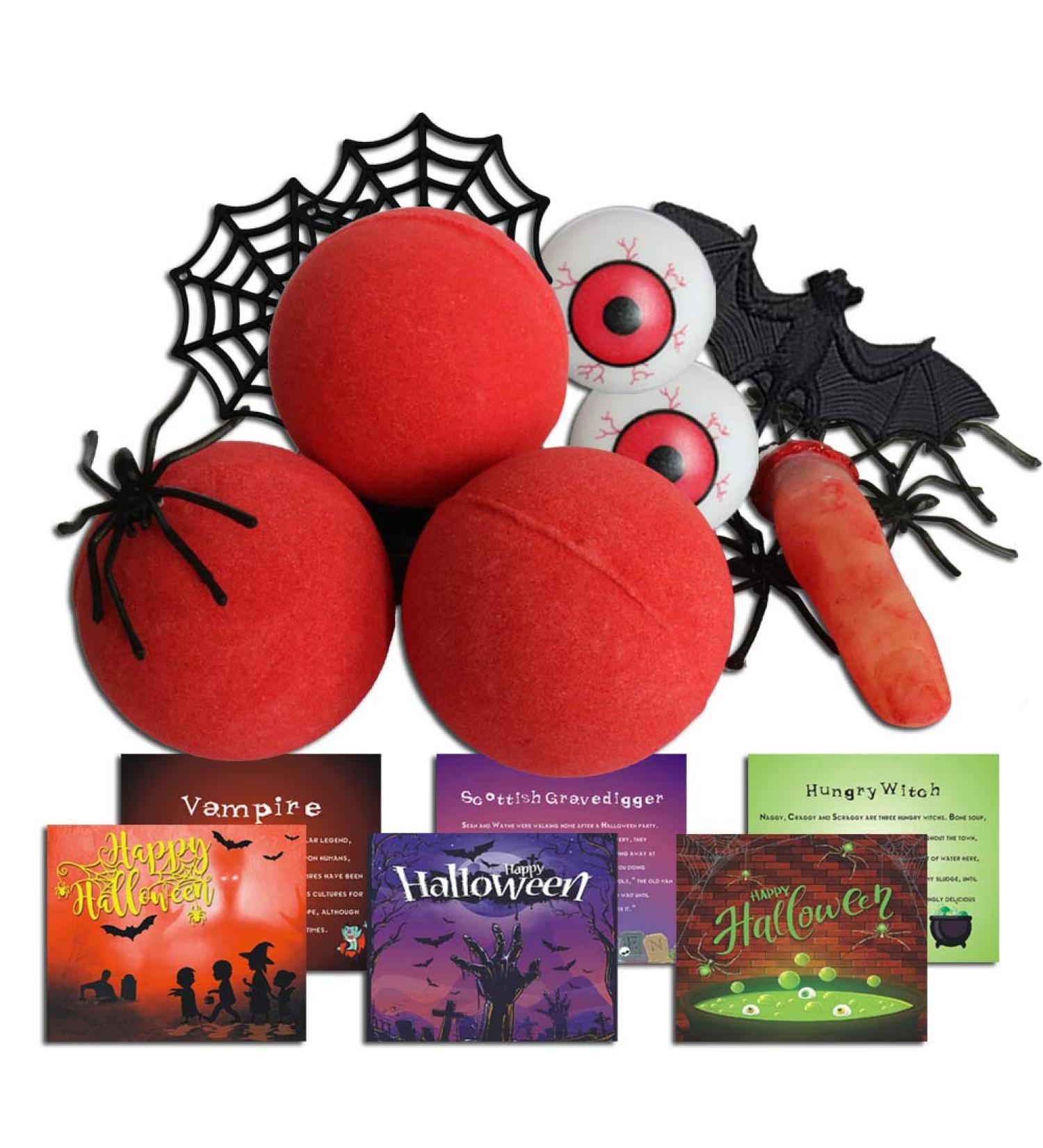 Red Bloody Bath Bomb Set | Funny Halloween Gift with Spiders, Finger, Bat & Eyeballs | Includes Storage Bag - Buy Online on GoSupps.com