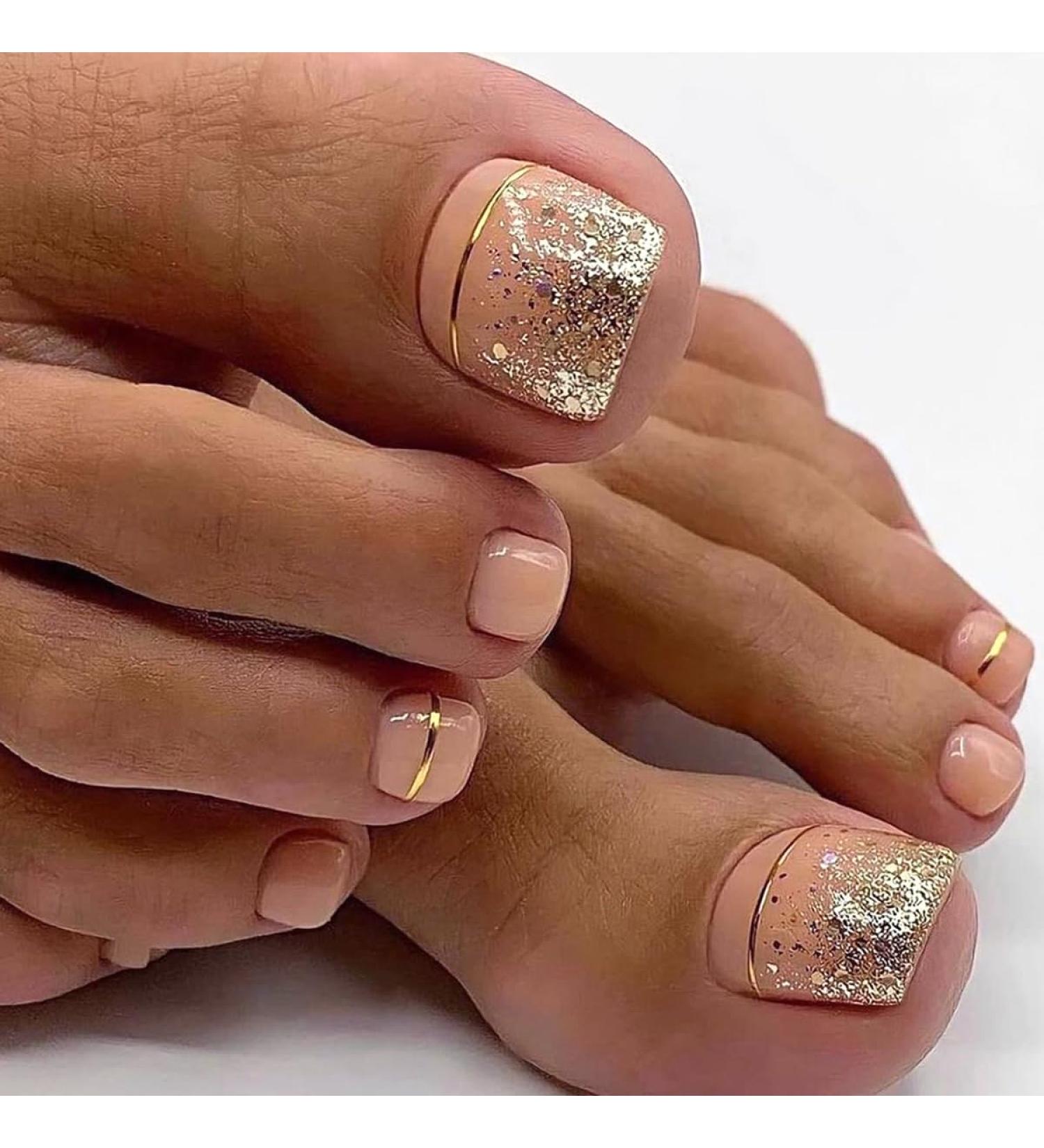 24 Pcs Nude Press on Toenails - SHANRUN Full Cover Acrylic Toe Nails with Gold Glitter Design | Fake French Gel X Nail Tips & Jelly Glue Kit - Buy Online on GoSupps.com