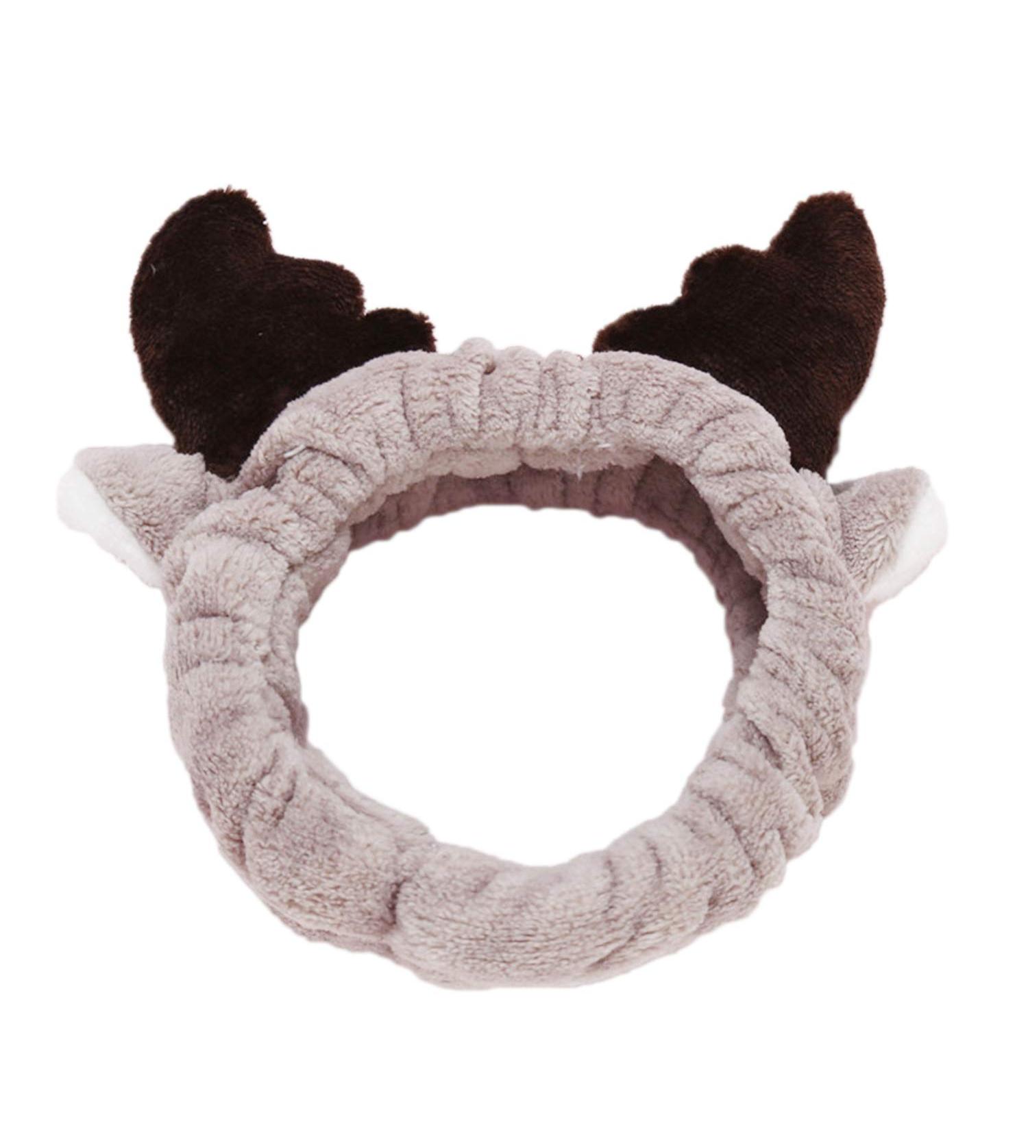 Lovely Reindeer Shape Makeup Headband Lint Hair Loop Elastic Cute Hair Band With Horns for Shower Make Up Christmas Cosplay (Khaki) - Buy Online on GoSupps.com