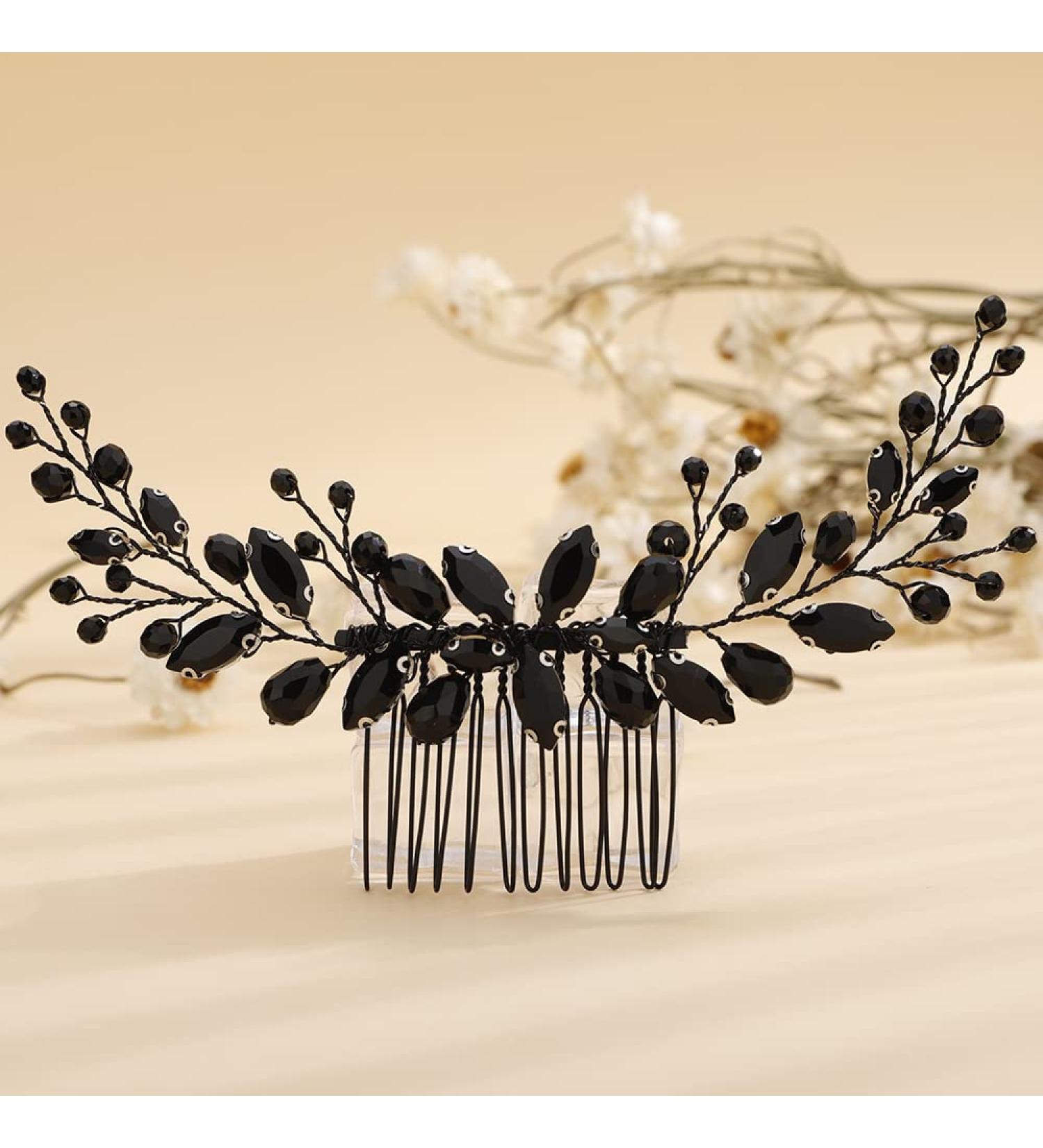 Teyglen Bride Wedding Crystal Hair Comb - Handmade Black Rhinestone Hair Piece for Women/Girls - Buy Online on GoSupps.com