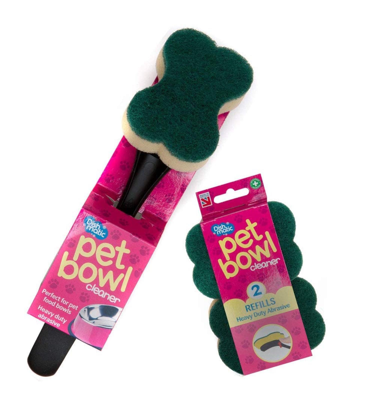Dishmatic Special Pack Bundle - Pet Bowl Cleaner Sponge Brush and 2 Refills - Heavy Duty Washing-Up Brush + Refill Pack for Dog & Cat Food Bowls - Made in UK - Buy Online on GoSupps.com