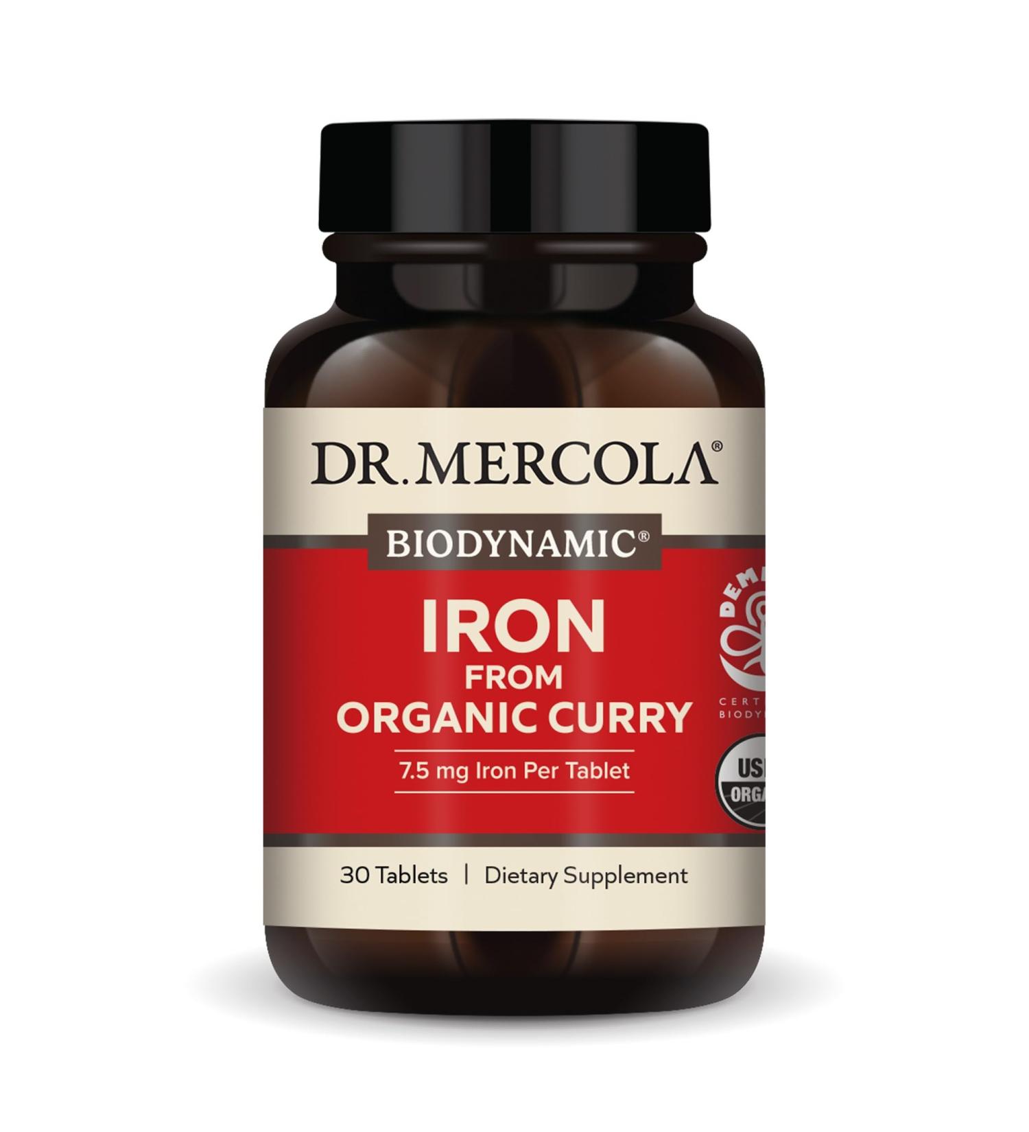 Dr. Mercola Iron from Organic Curry, 30 Servings (30 Tablets), 7.5 mg Iron Per Tablet, Dietary Supplement, Supports Immune Health, Regenerative, Certified USDA Organic, Non-GMO 30 Count (Pack of 1) - Buy Online on GoSupps.com