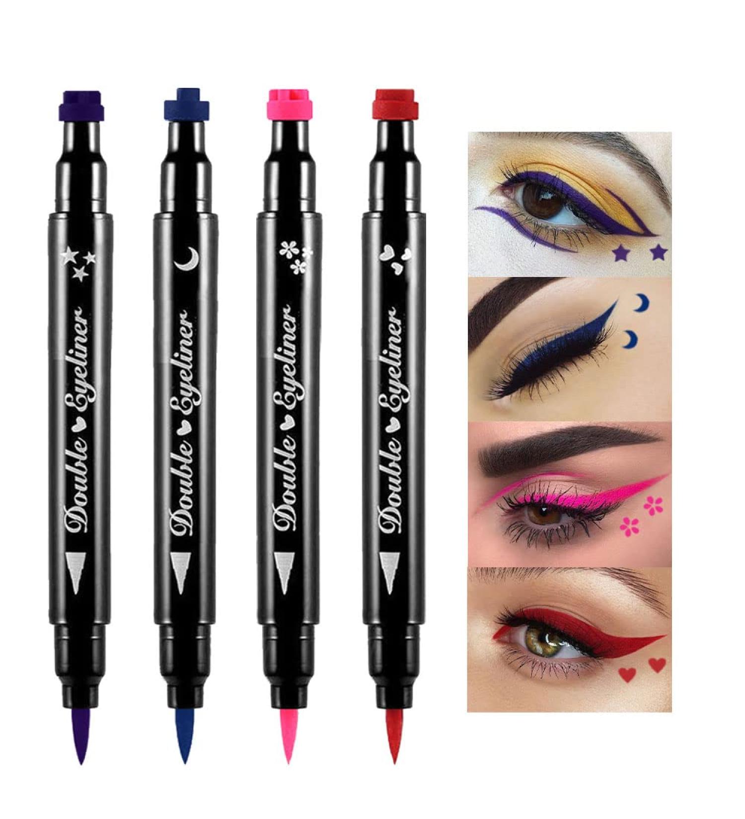4Pcs Double-head Liquid Stamp Eyeliner Set | Waterproof, High Pigment | Pink Flowers, Red Heart, Blue Moon, Purple Star Shapes | Face Stamps Makeup Kit - Buy Online on GoSupps.com