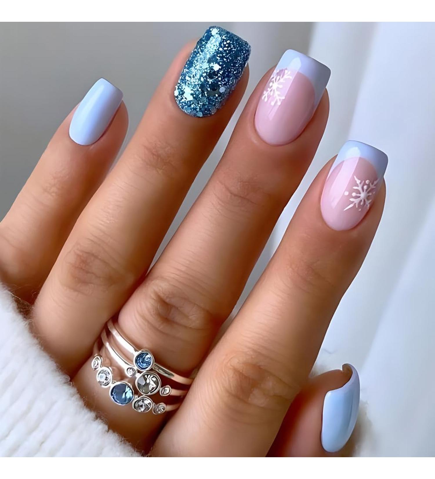 French Tip Press on Nails - Short Square Press On Nails with Nail Tips Blue French fake nails with pink white snowflakes Design Glossy white press on nails Acrylic False Nails Cute Artificial Nails - Buy Online on GoSupps.com